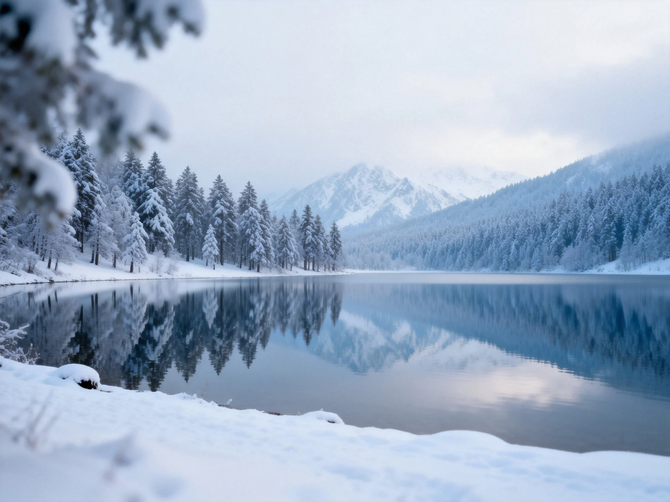 Snow-Covered Lake Mirrors Frosty Pine Forest and Mountain Peaks