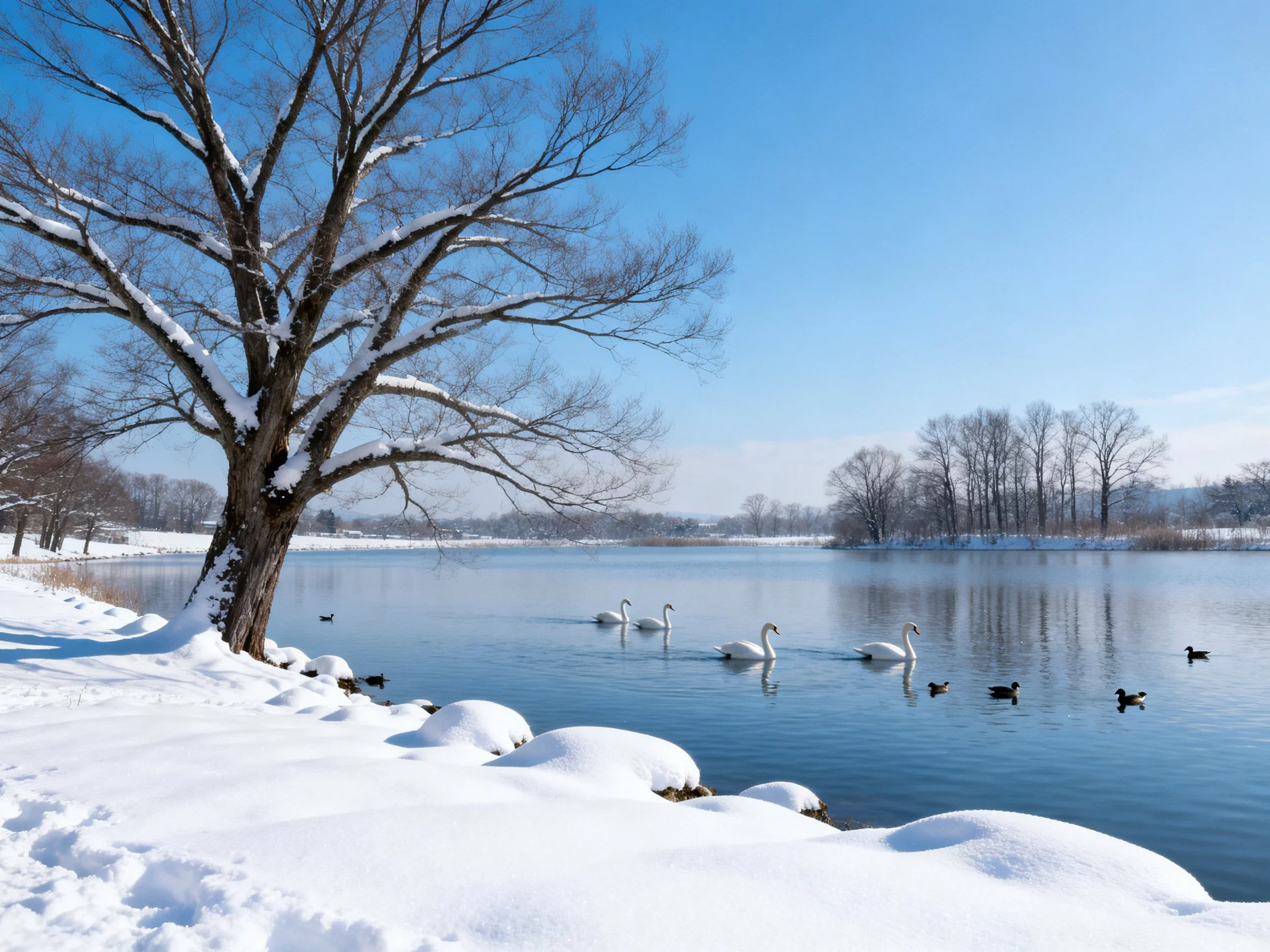 Snow-Covered Lake with Swans, Ducks, and Snow-Laden Trees