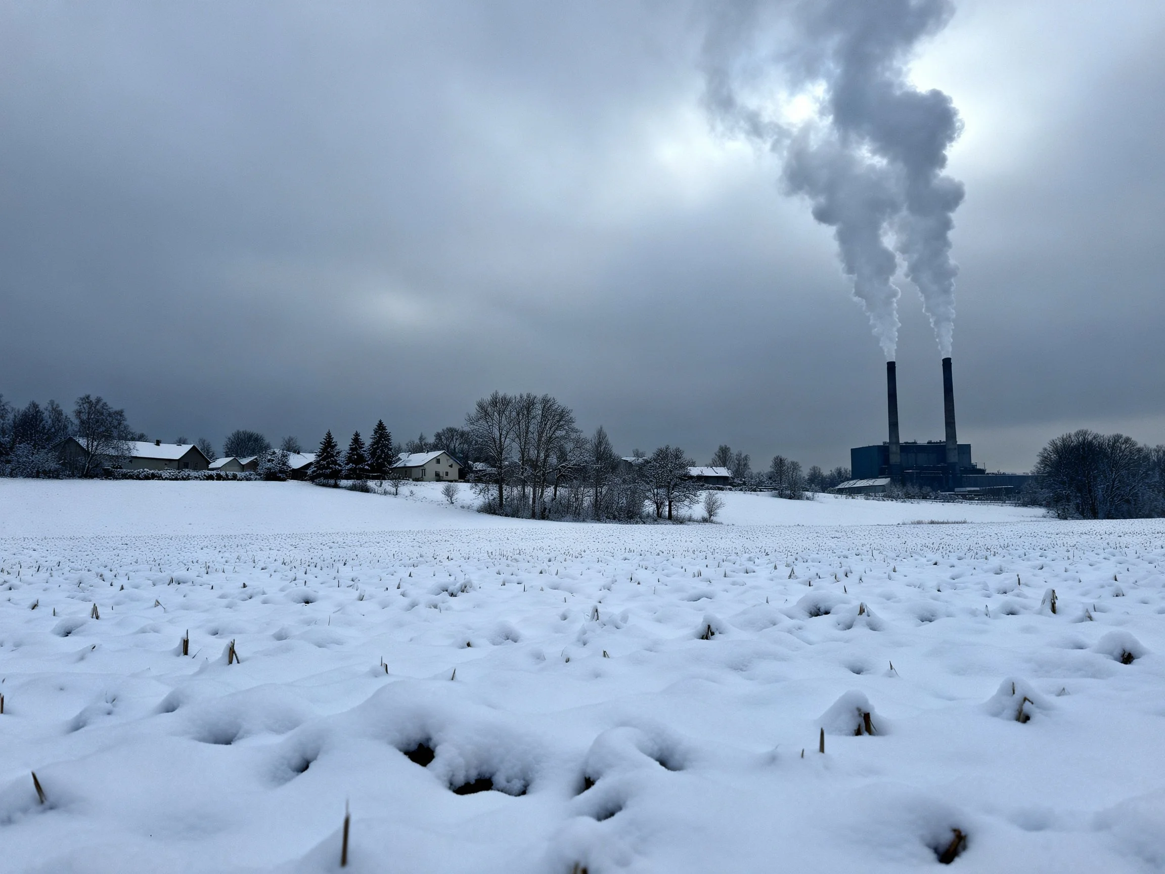 Snow-Covered Landscape with Homes and Industrial Smokestacks