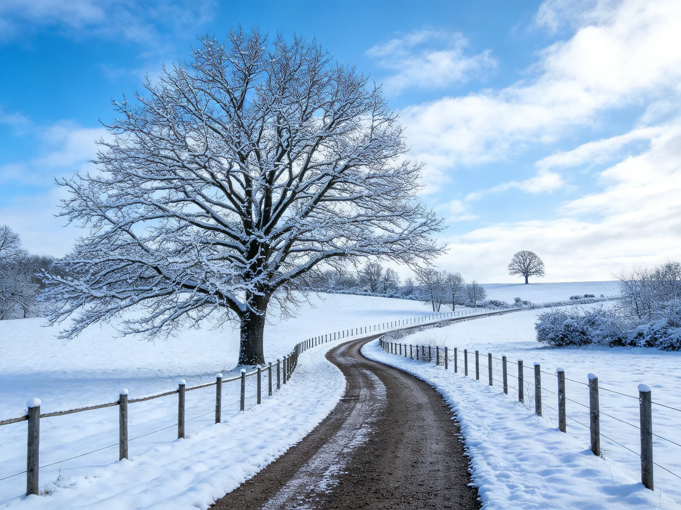 Snow-Covered Landscape with Large Frosty Tree and Winding Dirt Path