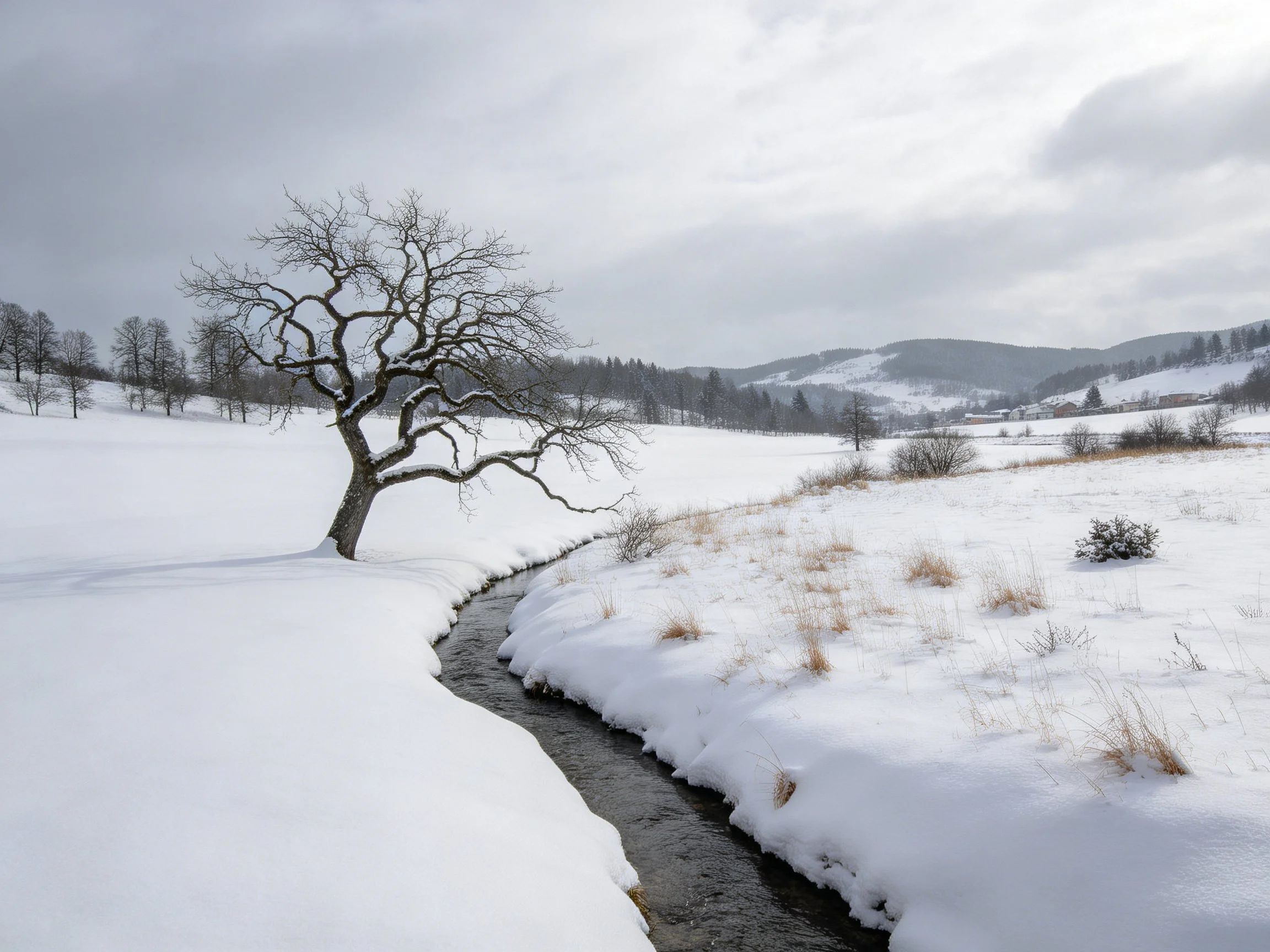 Snow-Covered Landscape with Lone Tree and Winding Stream