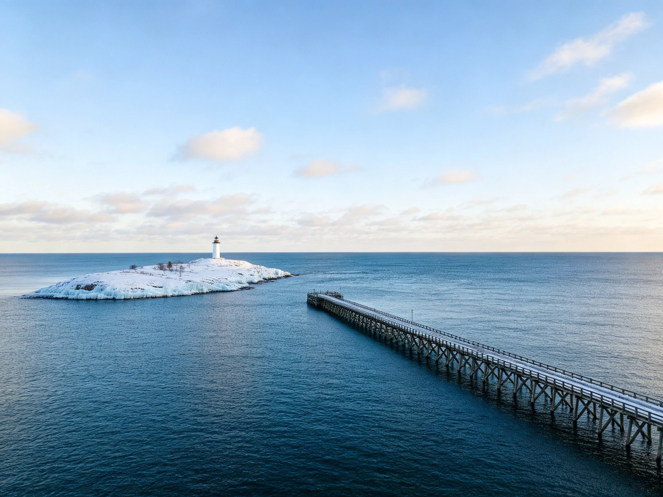 Snow-Covered Lighthouse Island with Long Pier Over Calm Blue Waters