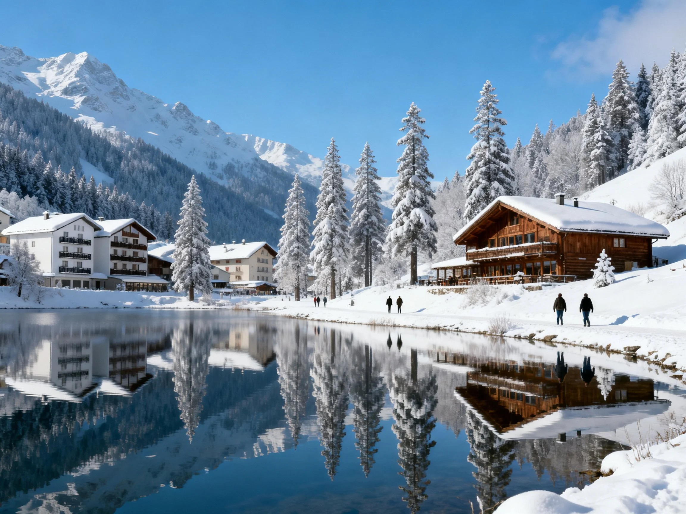 Snow-Covered Mountain Chalet Village by Reflective Lake