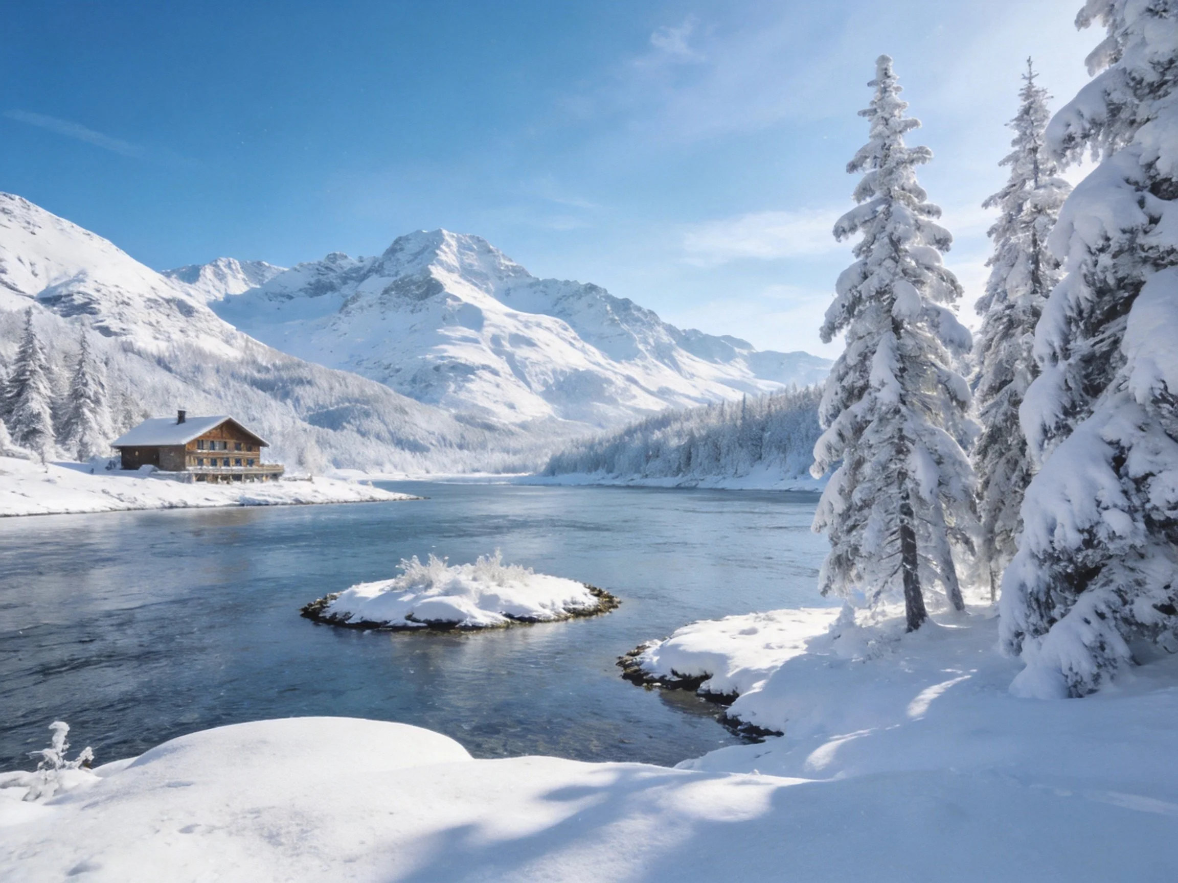 Snow-Covered Mountain Landscape with River and Cabin