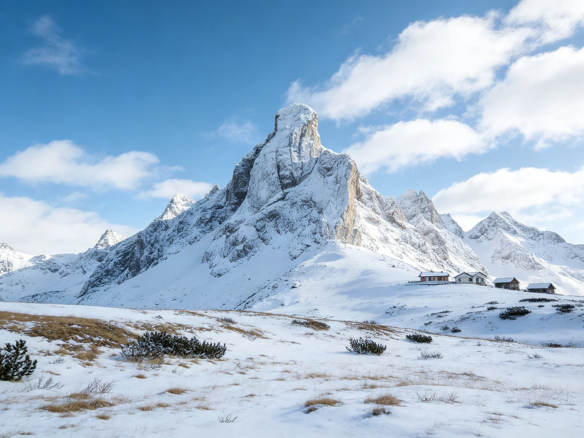 Snow-Covered Mountain Peak with Alpine Cabins Under Blue Sky
