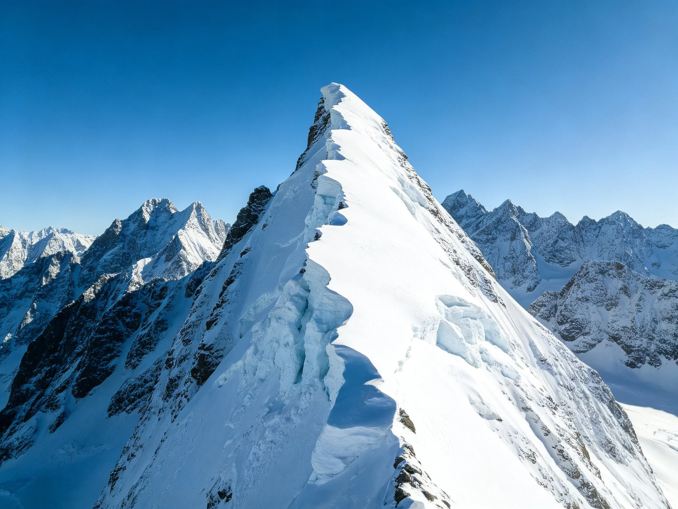 Snow-Covered Mountain Peak with Clear Blue Sky and Surrounding Peaks