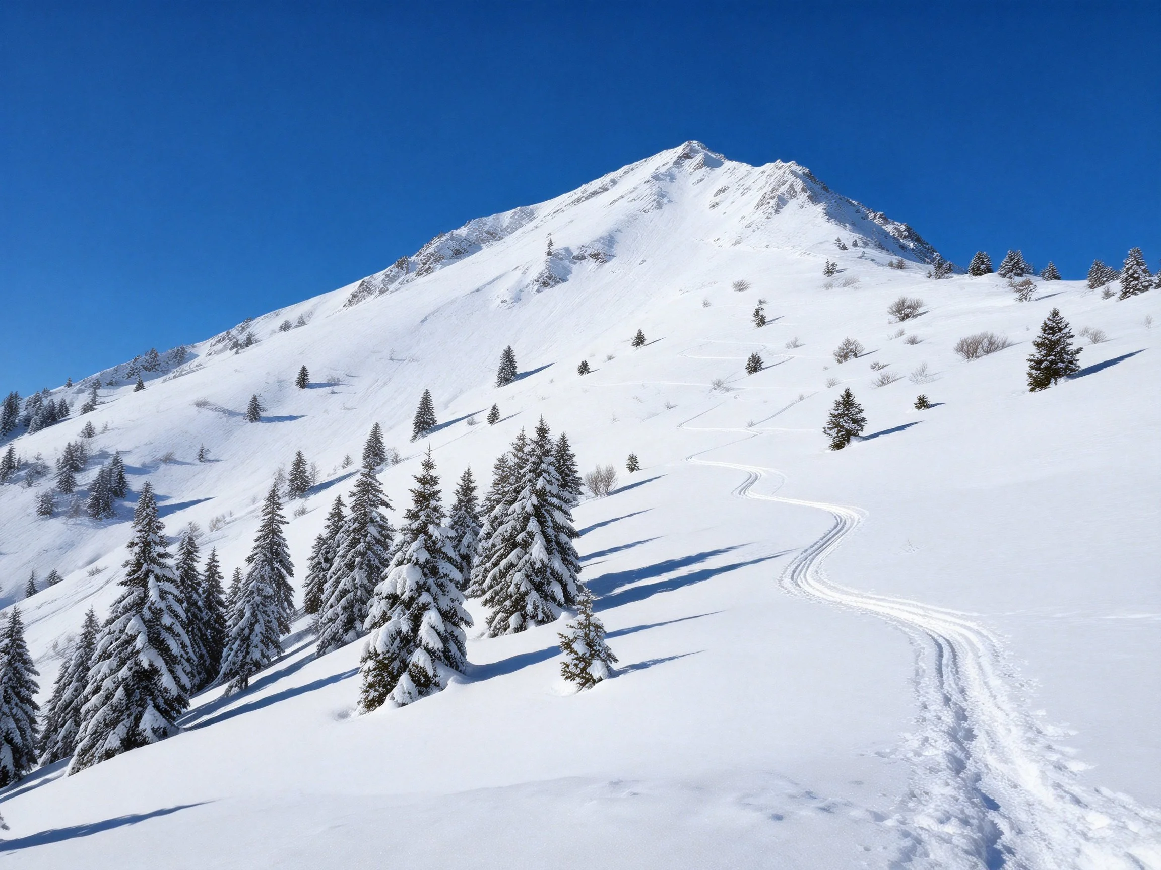 Snow-Covered Mountain Peak with Evergreen Trees and Ski Trails