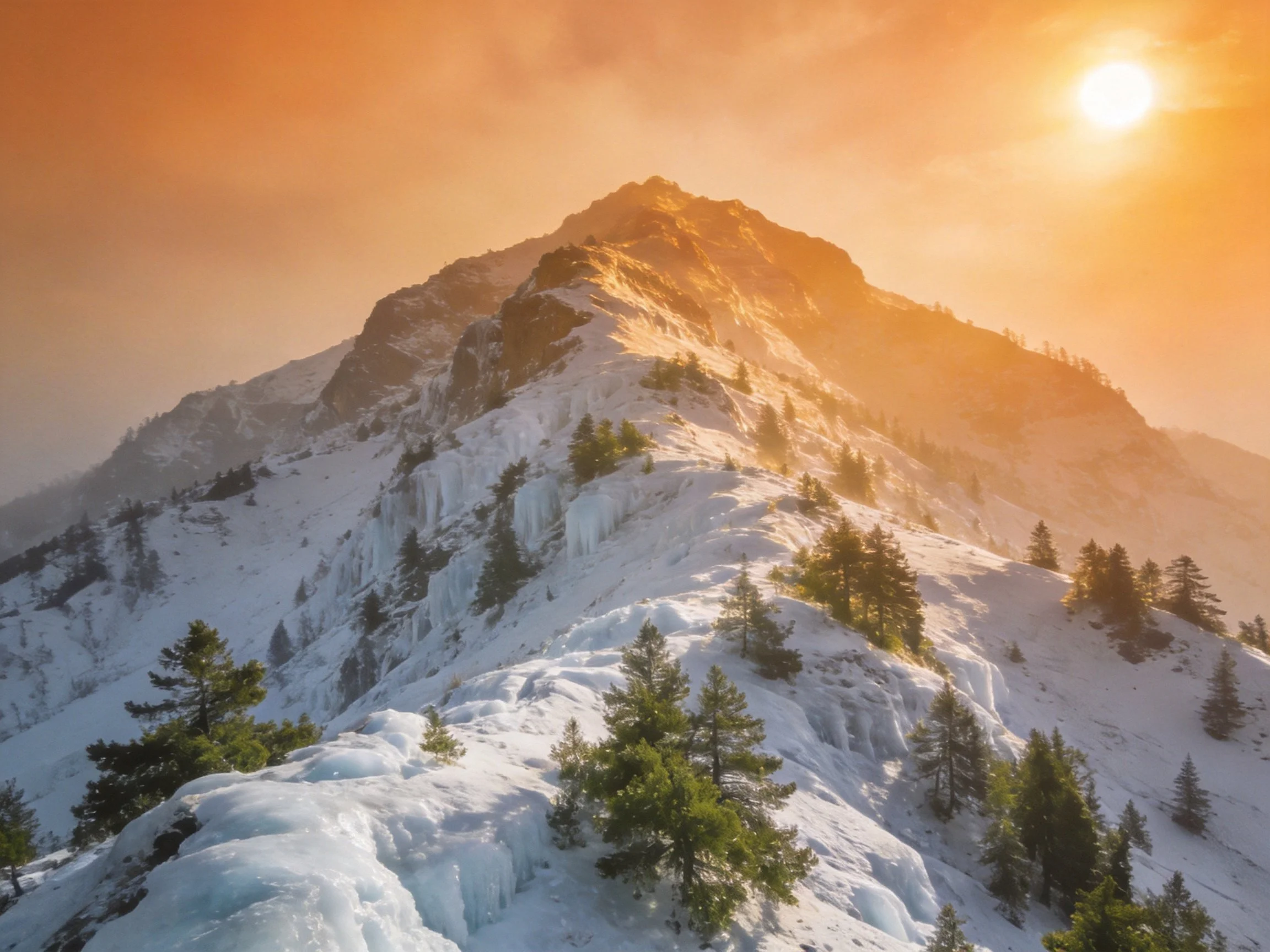 Snow-Covered Mountain Peak with Ice Formations Under Golden Sunlight