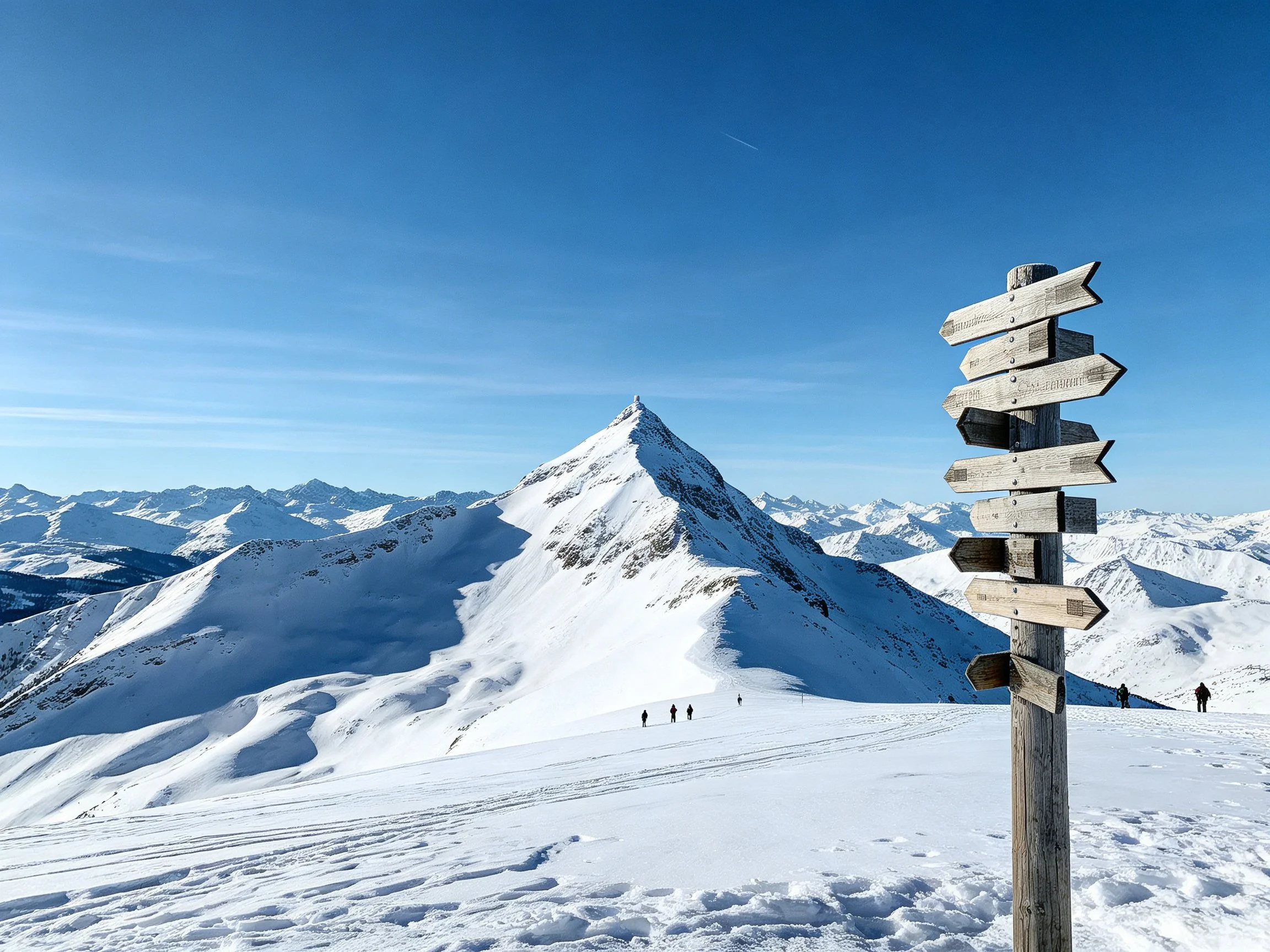 Snow-Covered Mountain Peak with Wooden Signpost Under Clear Blue Sky