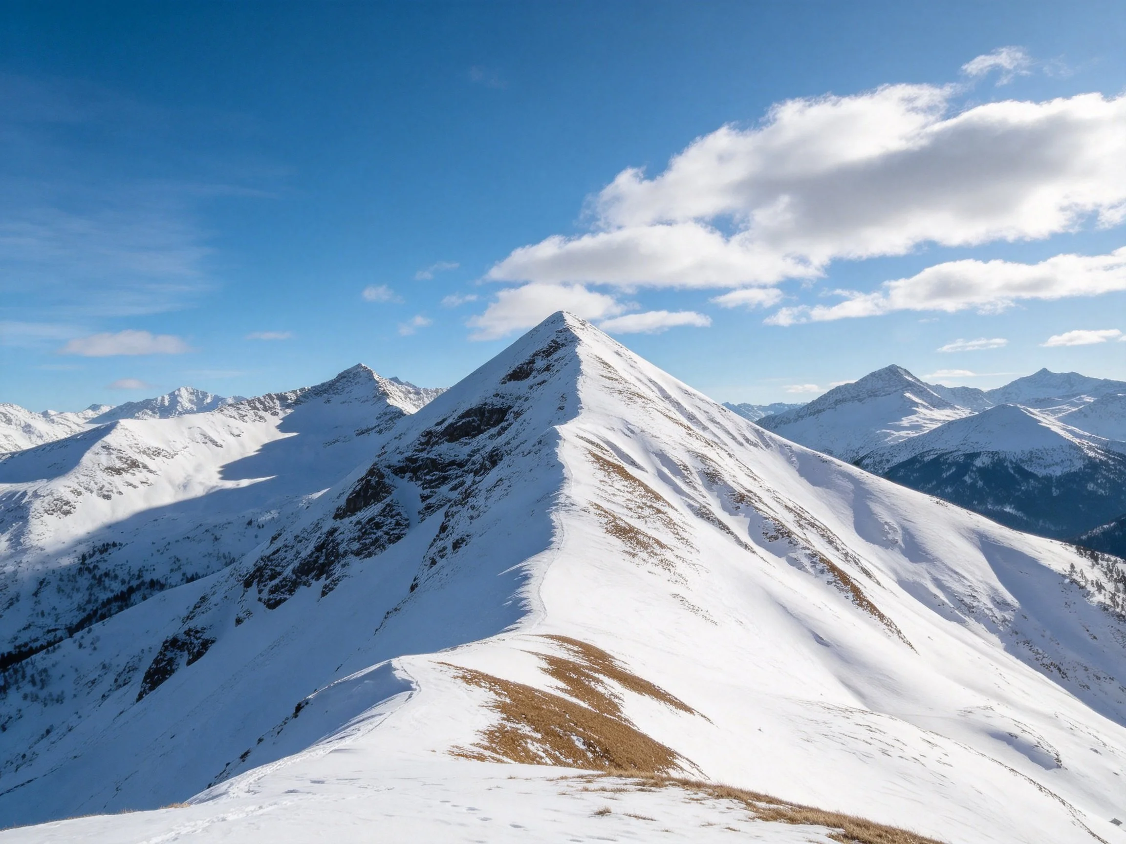 Snow-Covered Mountain Peaks Against Clear Blue Skies
