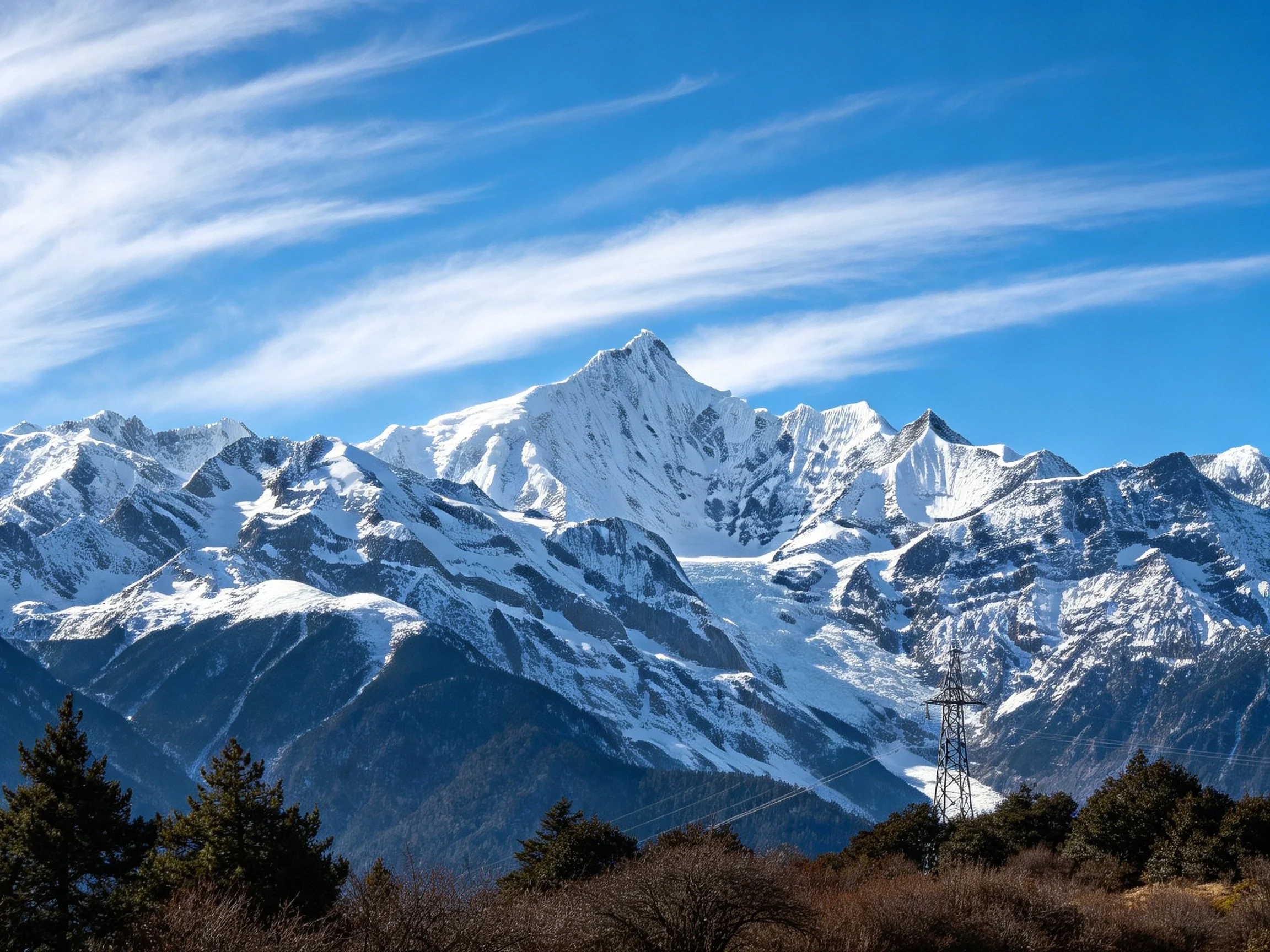 Snow-Covered Mountain Peaks Against Clear Blue Sky