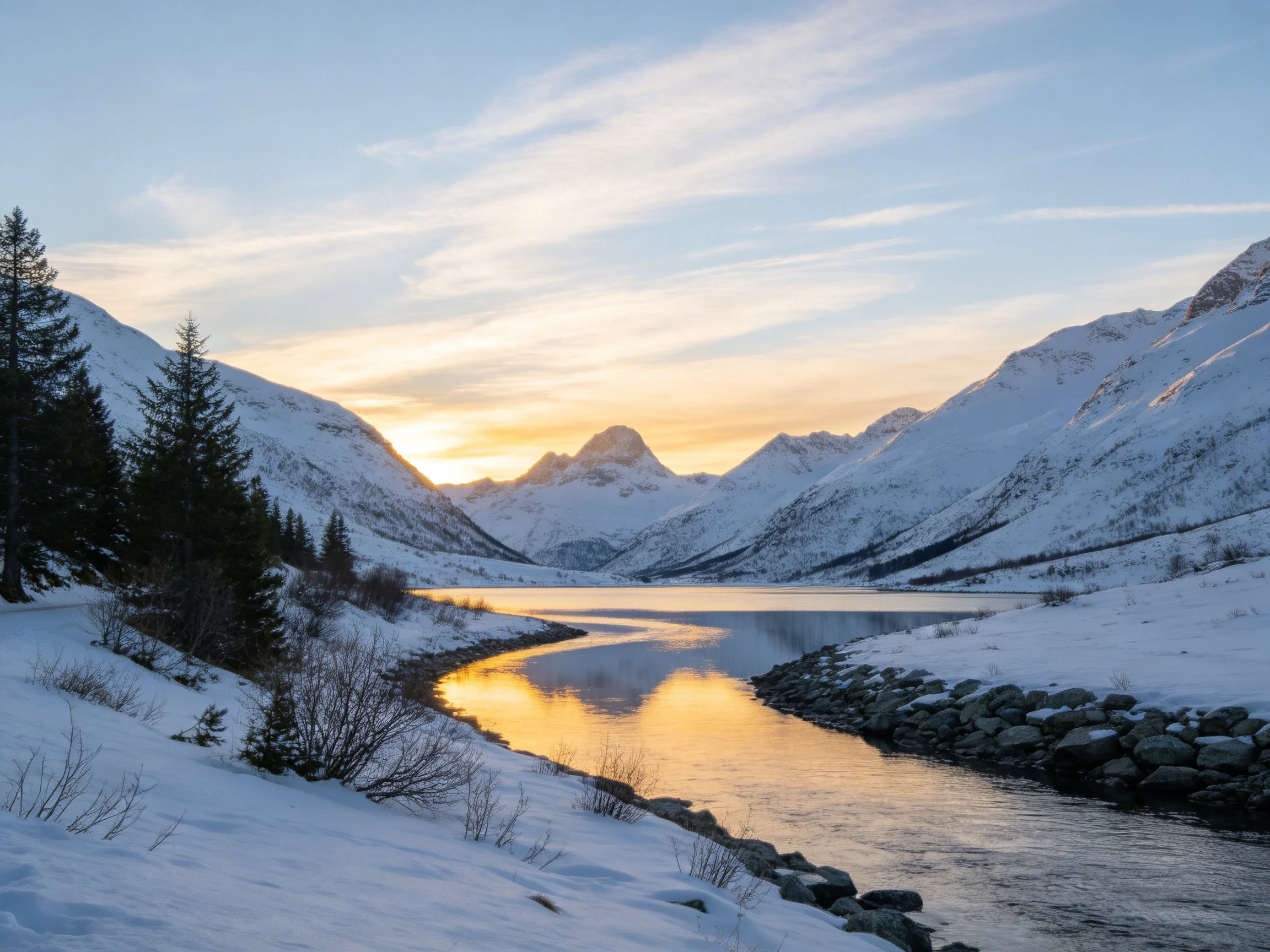 Snow-Covered Mountain Peaks Frame a Reflective River at Sunset