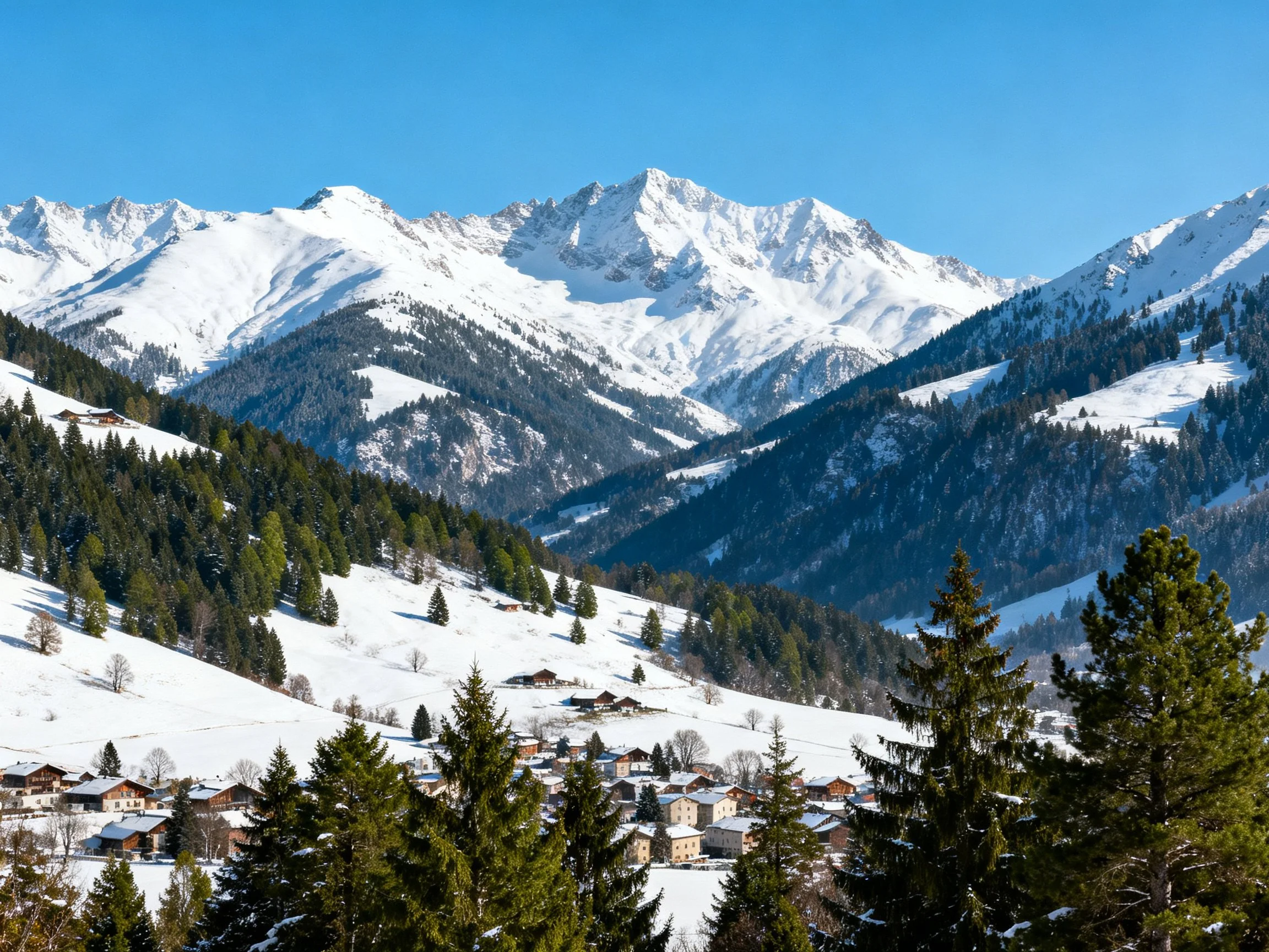 Snow-Covered Mountain Peaks Overlooking a Village Among Evergreen Forests