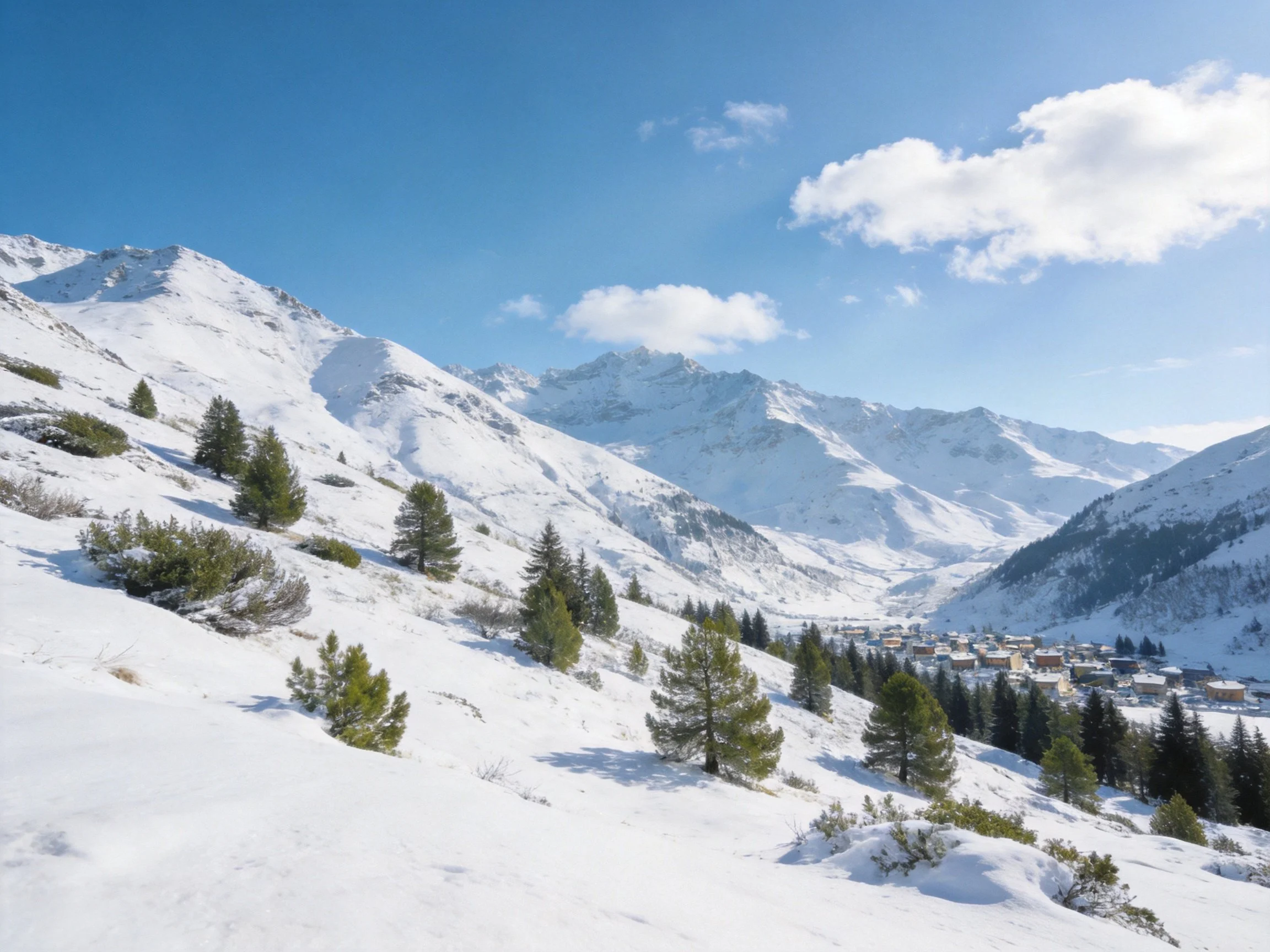 Snow-Covered Mountain Peaks, Pine Trees, and Valley Town