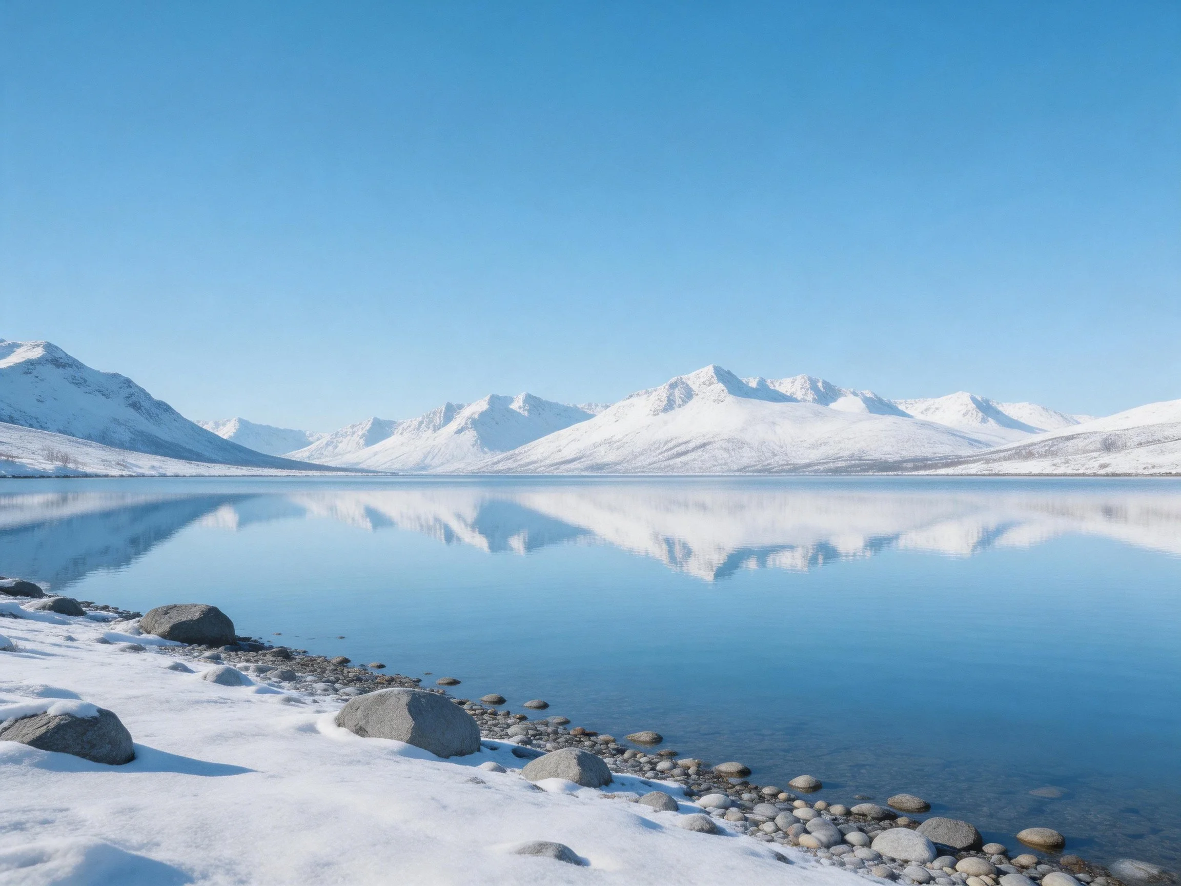 Snow-Covered Mountain Peaks Reflecting in Calm Blue Lake