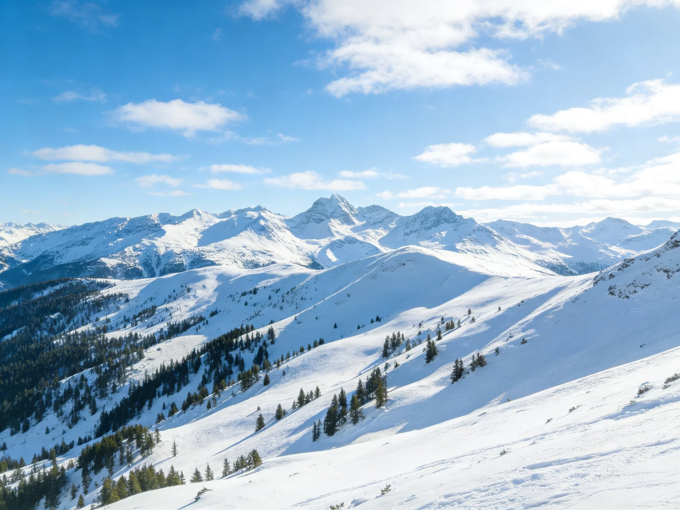 Snow-Covered Mountain Peaks Under Bright Blue Skies