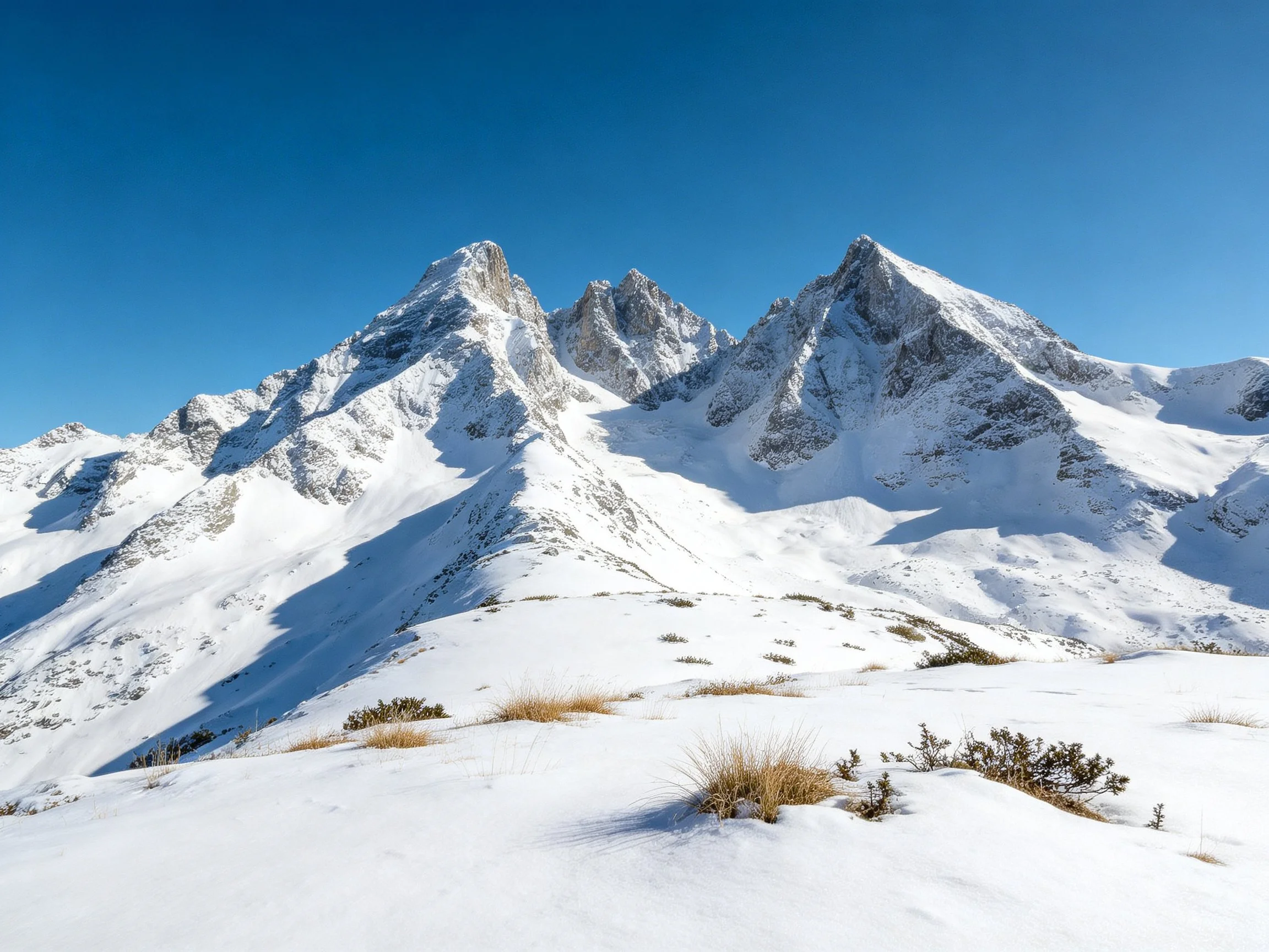 Snow-Covered Mountain Peaks Under Bright Blue Sky