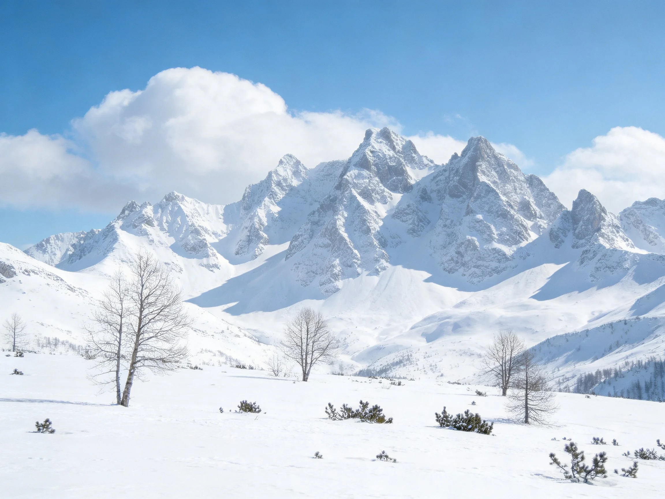 Snow-Covered Mountain Peaks Under Bright Blue Sky