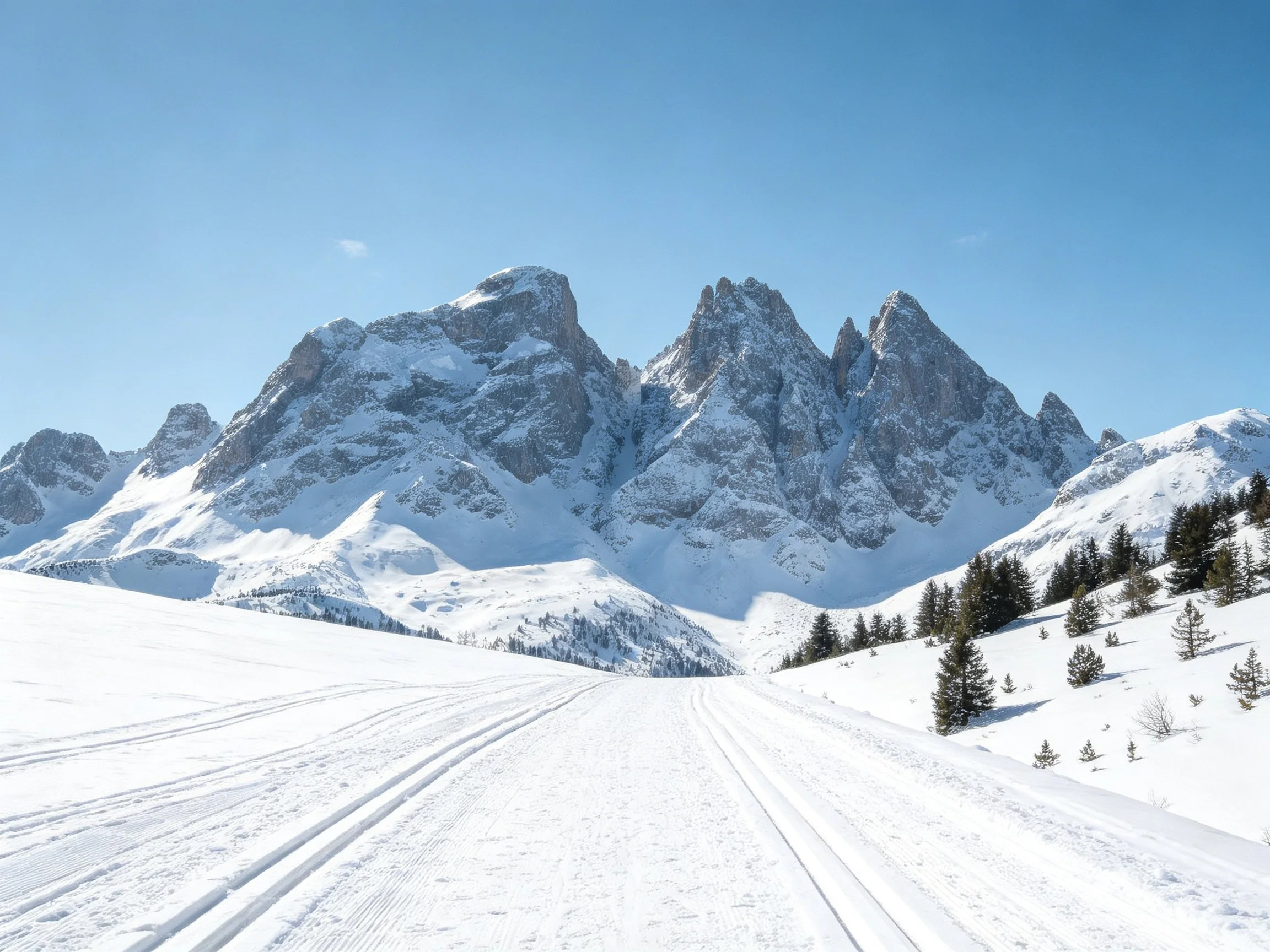 Snow-Covered Mountain Peaks Under Clear Blue Sky