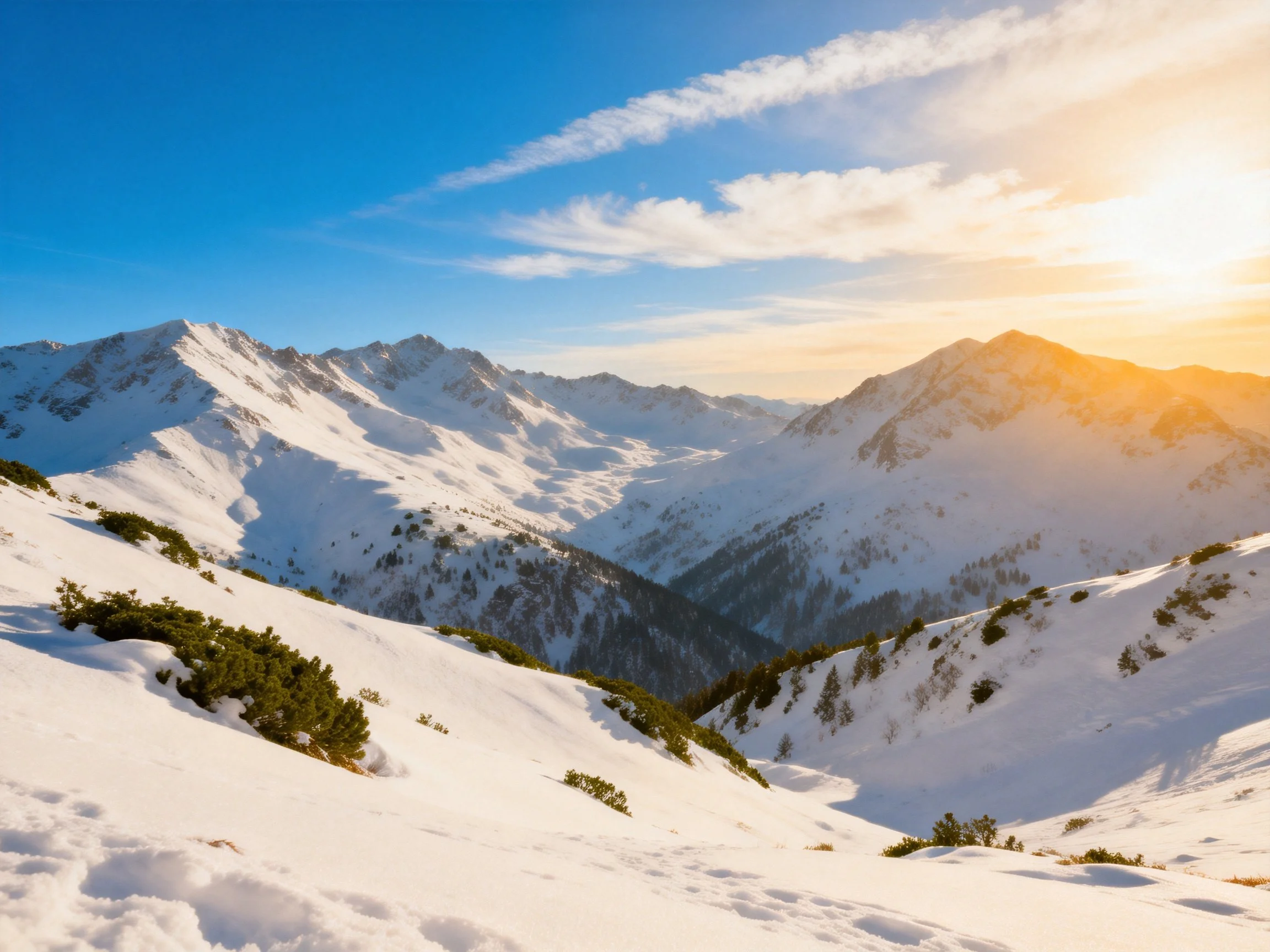 Snow-Covered Mountain Peaks Under Golden Sunset Light