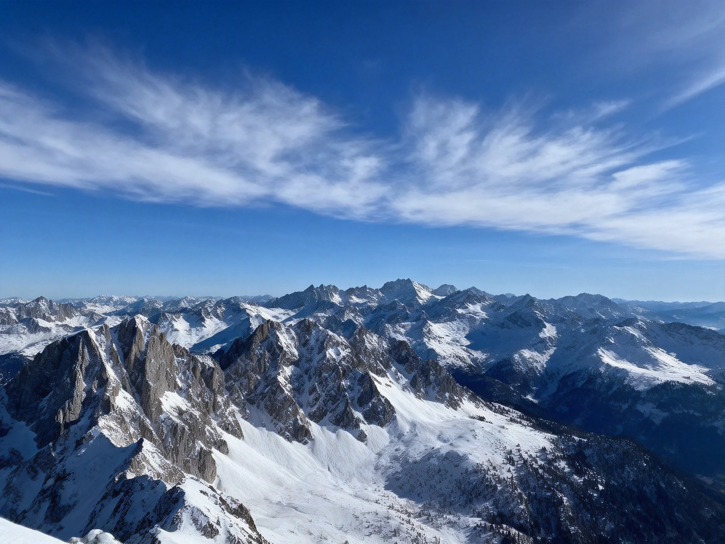 Snow-Covered Mountain Peaks Under Vibrant Blue Sky With Wispy Clouds