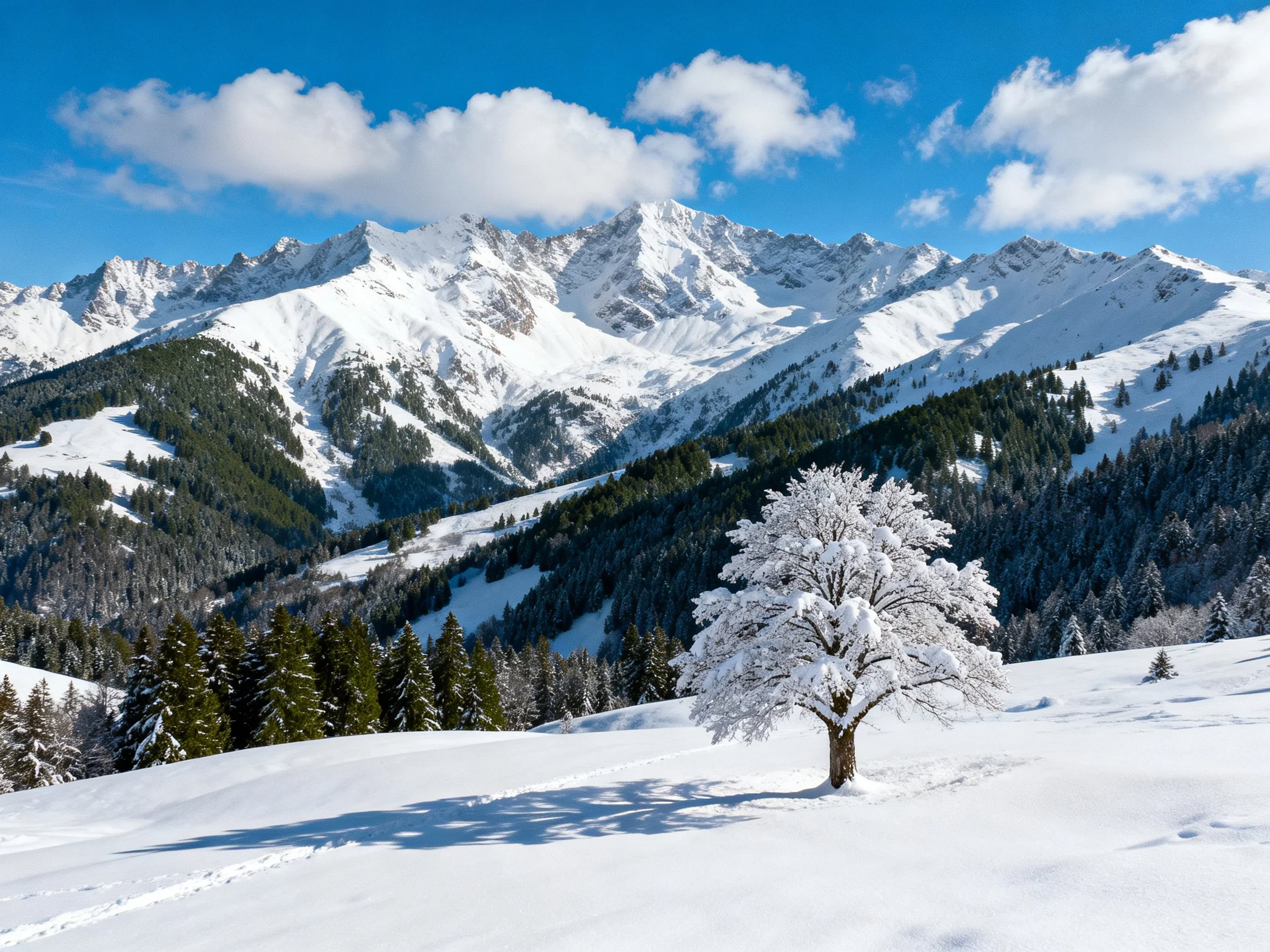 Snow-Covered Mountain Peaks and Frosted Single Tree