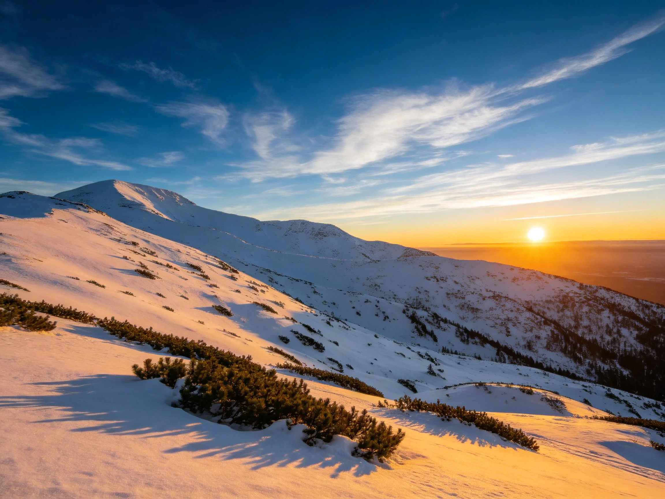 Snow-Covered Mountain Peaks at Golden Sunset