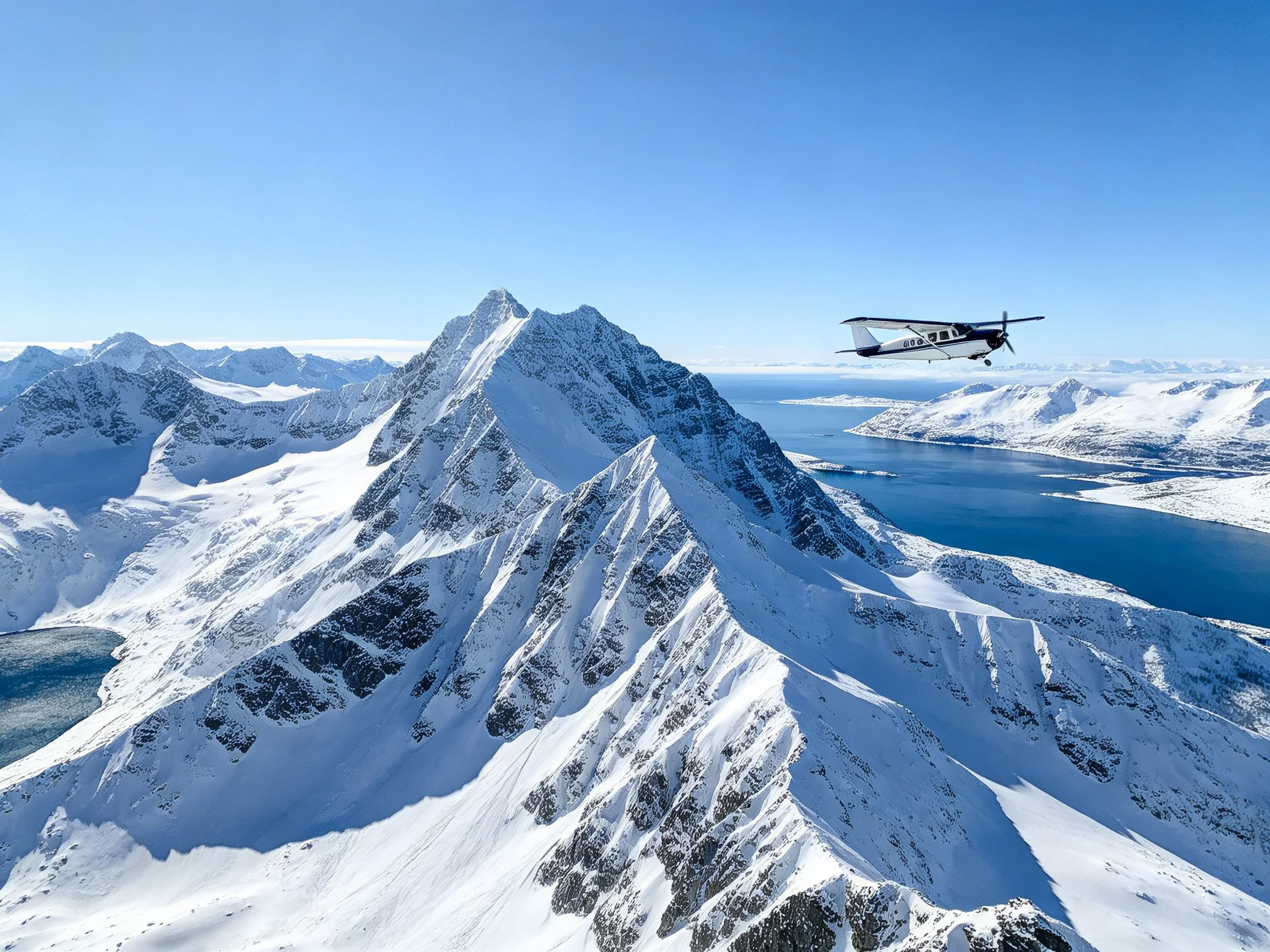 Snow-Covered Mountain Peaks with Aircraft Flying Over Arctic Terrain