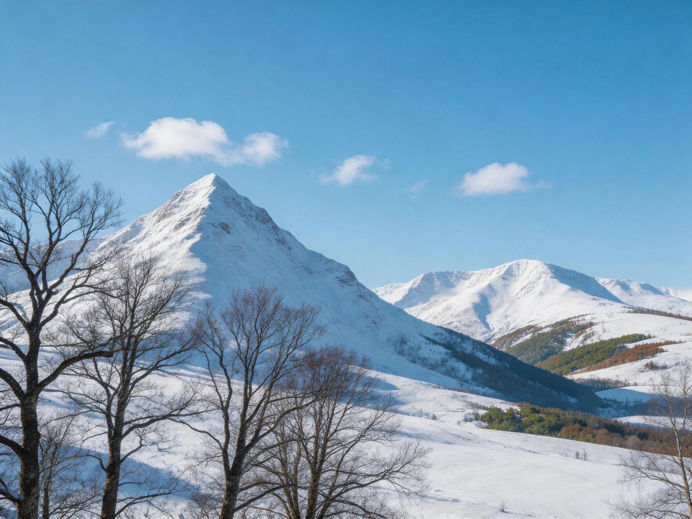 Snow-Covered Mountain Peaks with Bare Trees Under Clear Blue Sky