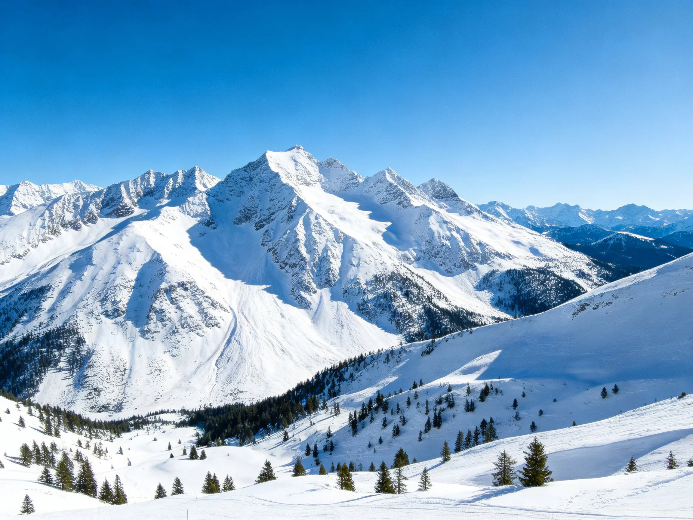 Snow-Covered Mountain Peaks with Clear Blue Skies