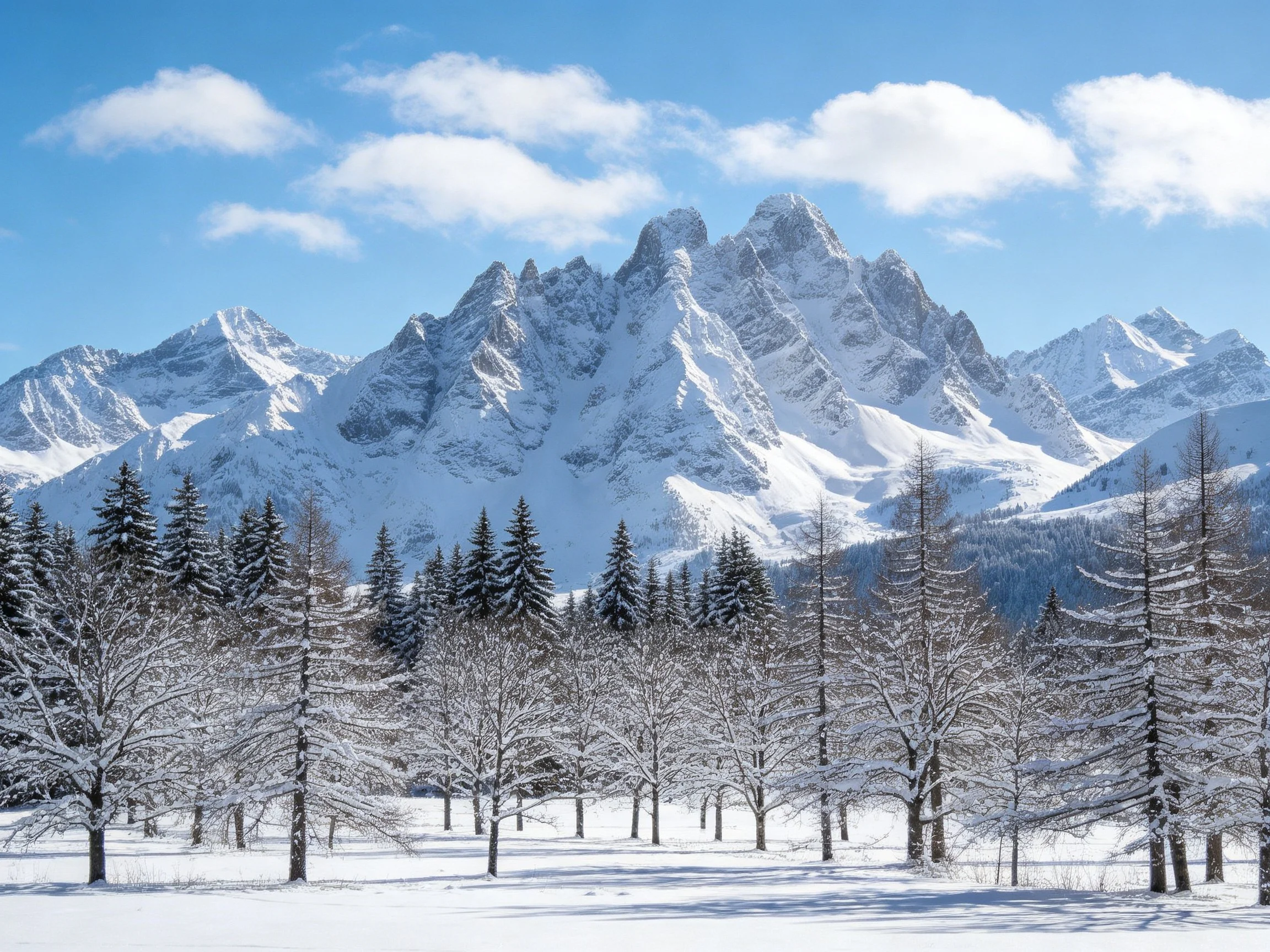 Snow-Covered Mountain Peaks with Frosty Forest Below