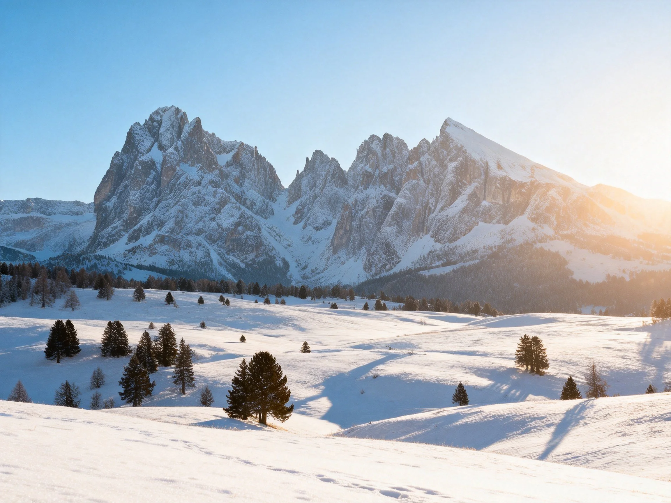 Snow-Covered Mountain Peaks with Scattered Pine Trees Under Bright Sunlight