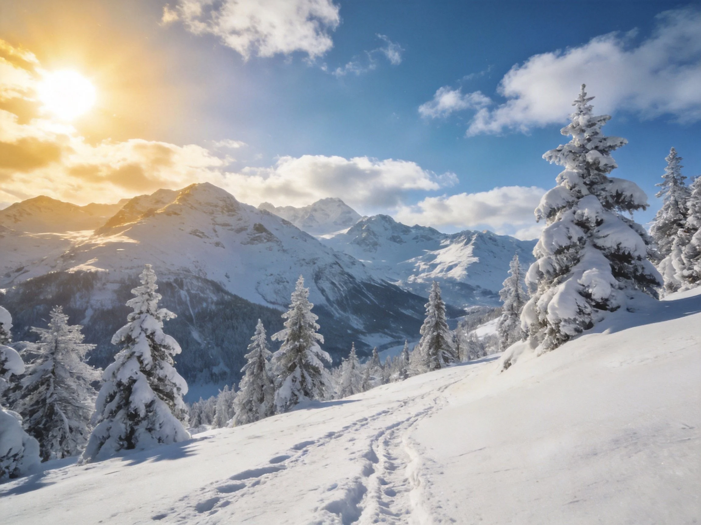 Snow-Covered Mountain Peaks with Snow-Laden Pine Trees