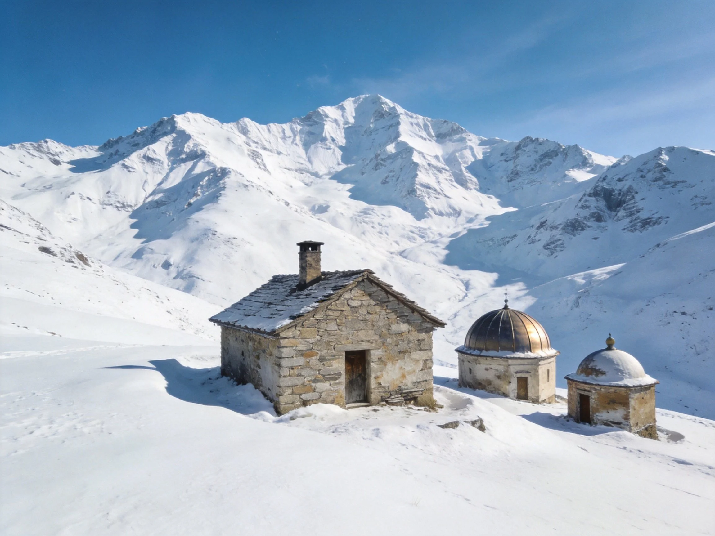 Snow-Covered Mountain Peaks with Stone Buildings Under Bright Blue Sky