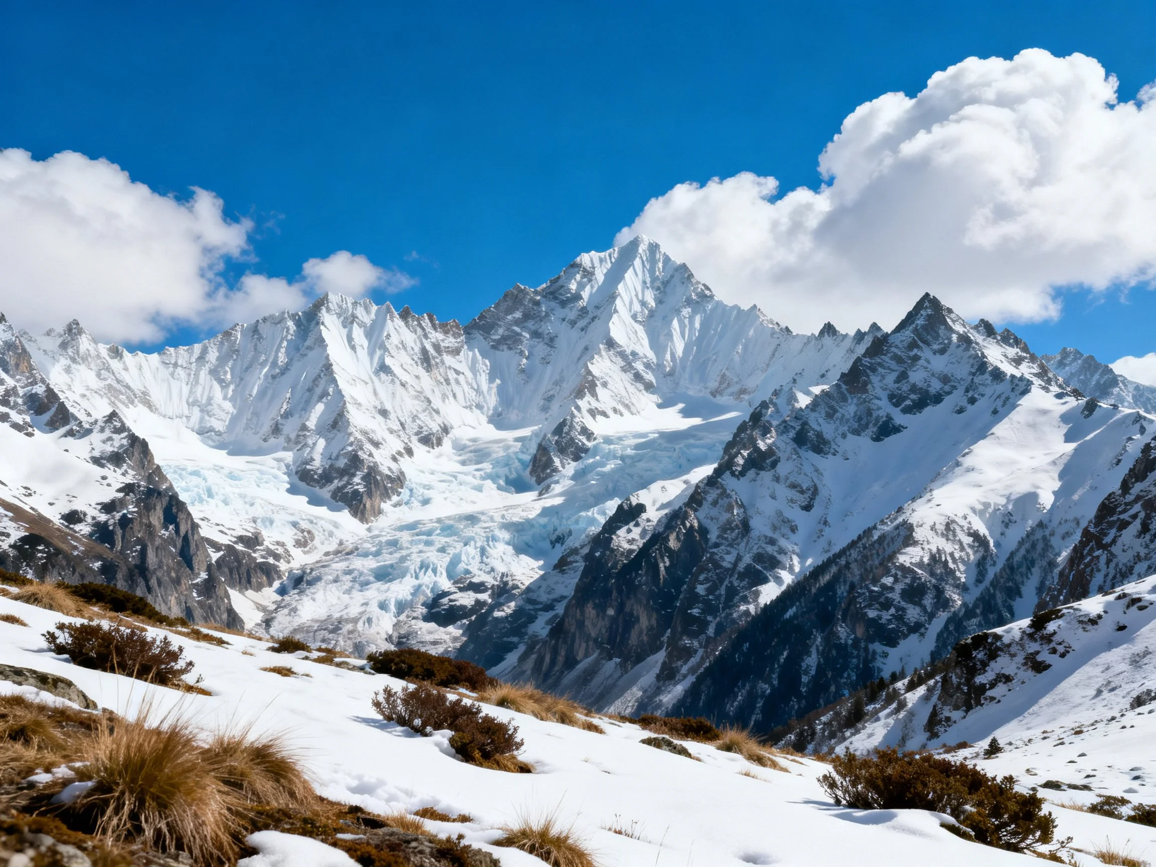 Snow-Covered Mountain Peaks with Vibrant Blue Sky