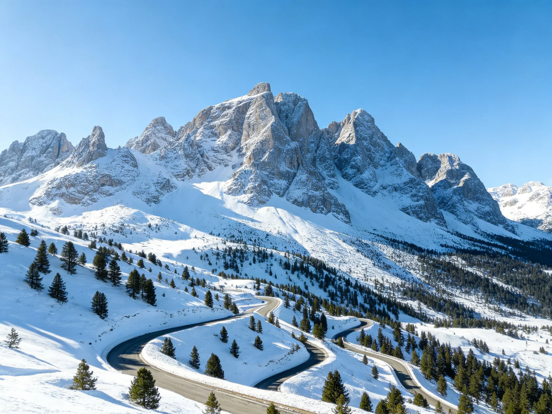 Snow-Covered Mountain Peaks with Winding Road and Pine Trees