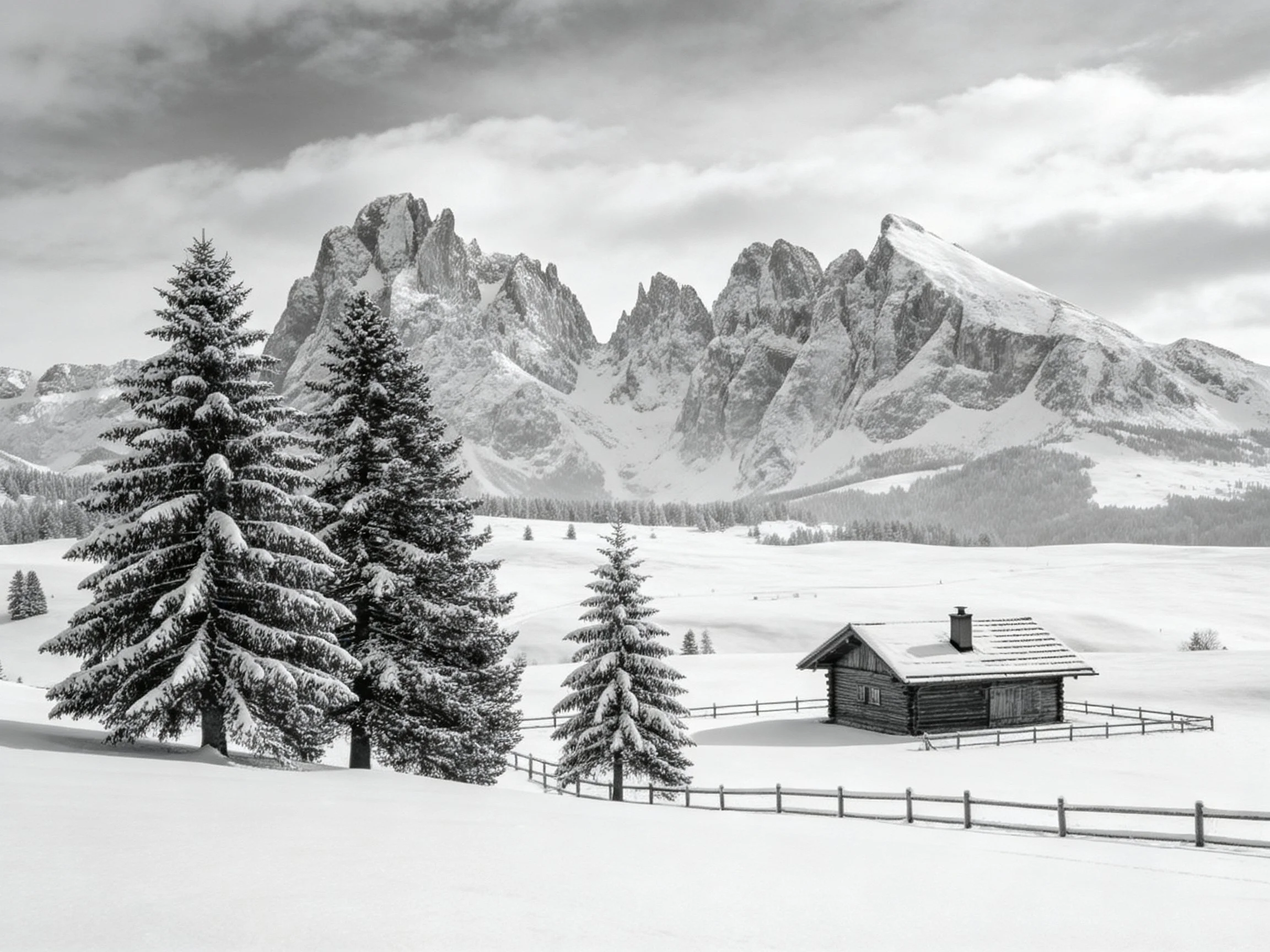 Snow-Covered Mountain Range with Evergreen Trees and a Cabin