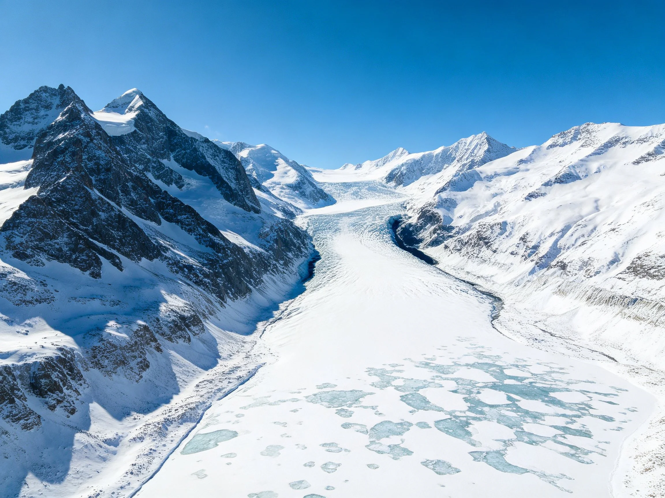 Snow-Covered Mountain Range with Glacial Valley Under Clear Blue Sky