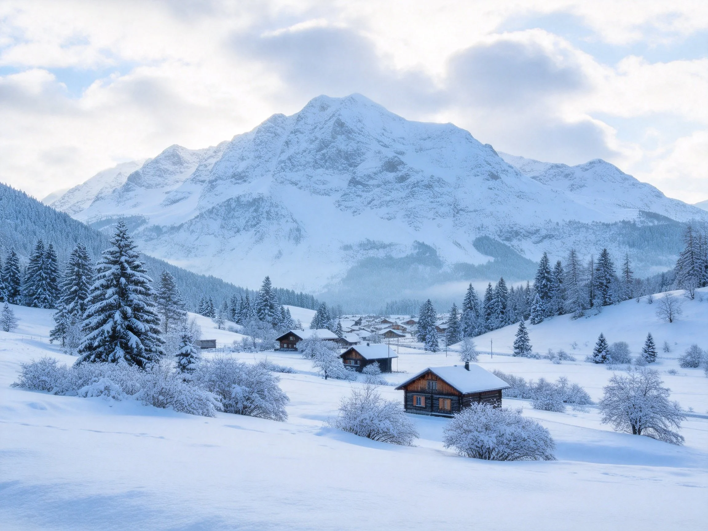 Snow-Covered Mountain Range with Wooden Cabins and Frosty Evergreens
