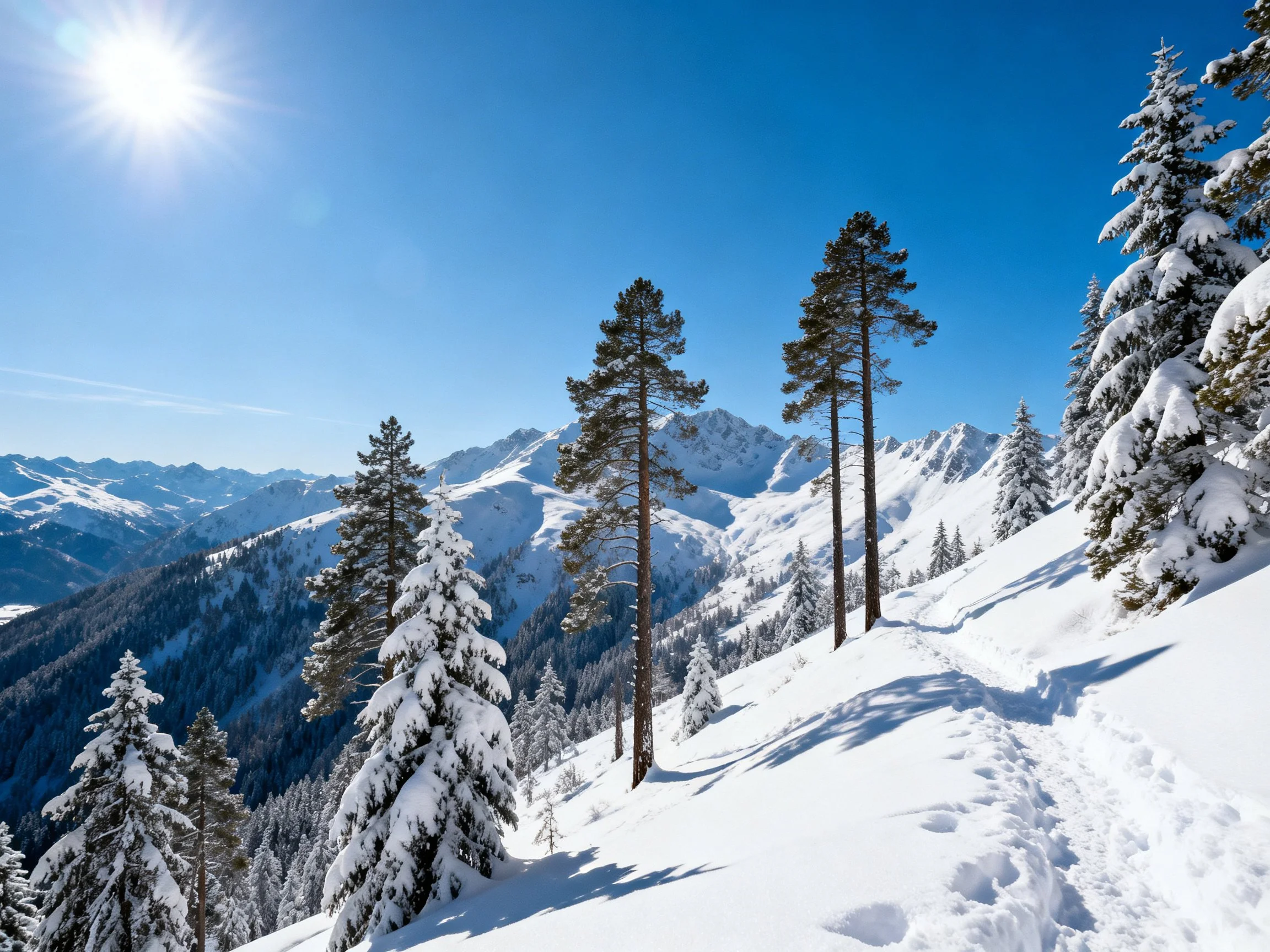 Snow-Covered Mountain Slope with Snow-Laden Pine Trees