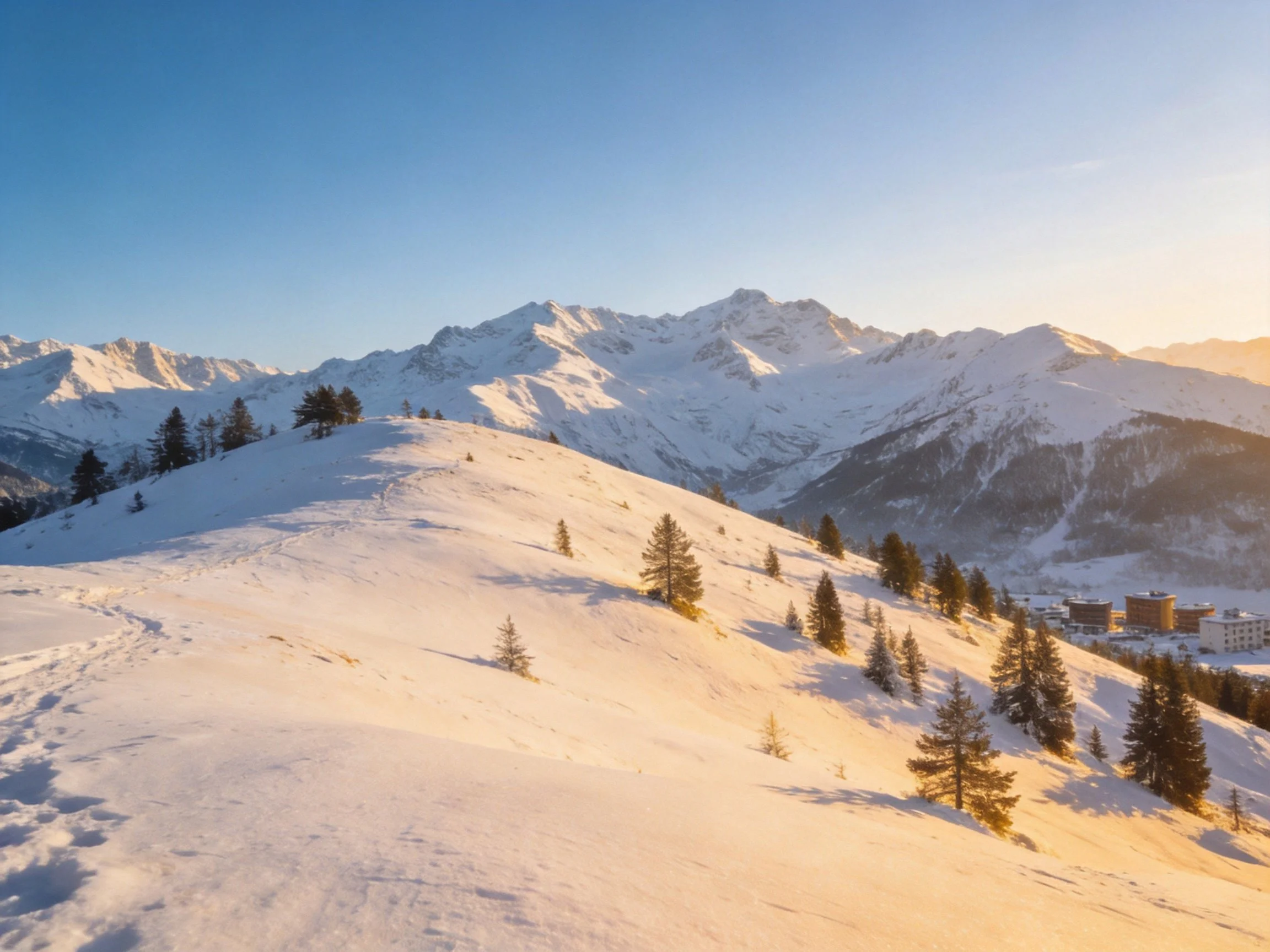 Snow-Covered Mountain Slopes with Pine Trees and Distant Peaks