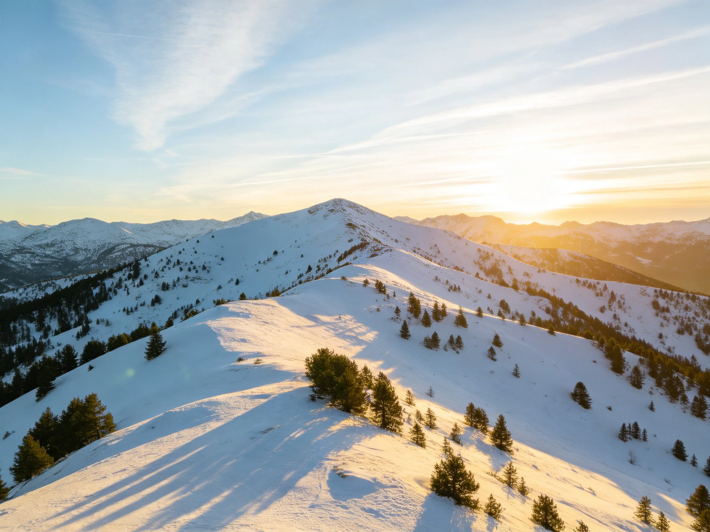 Snow-Covered Mountain Slopes with Scattered Pine Trees at Golden Hour