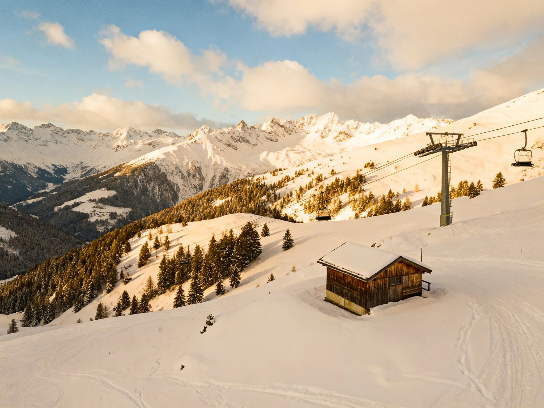 Snow-Covered Mountain Slopes with Ski Lifts and Wooden Cabin
