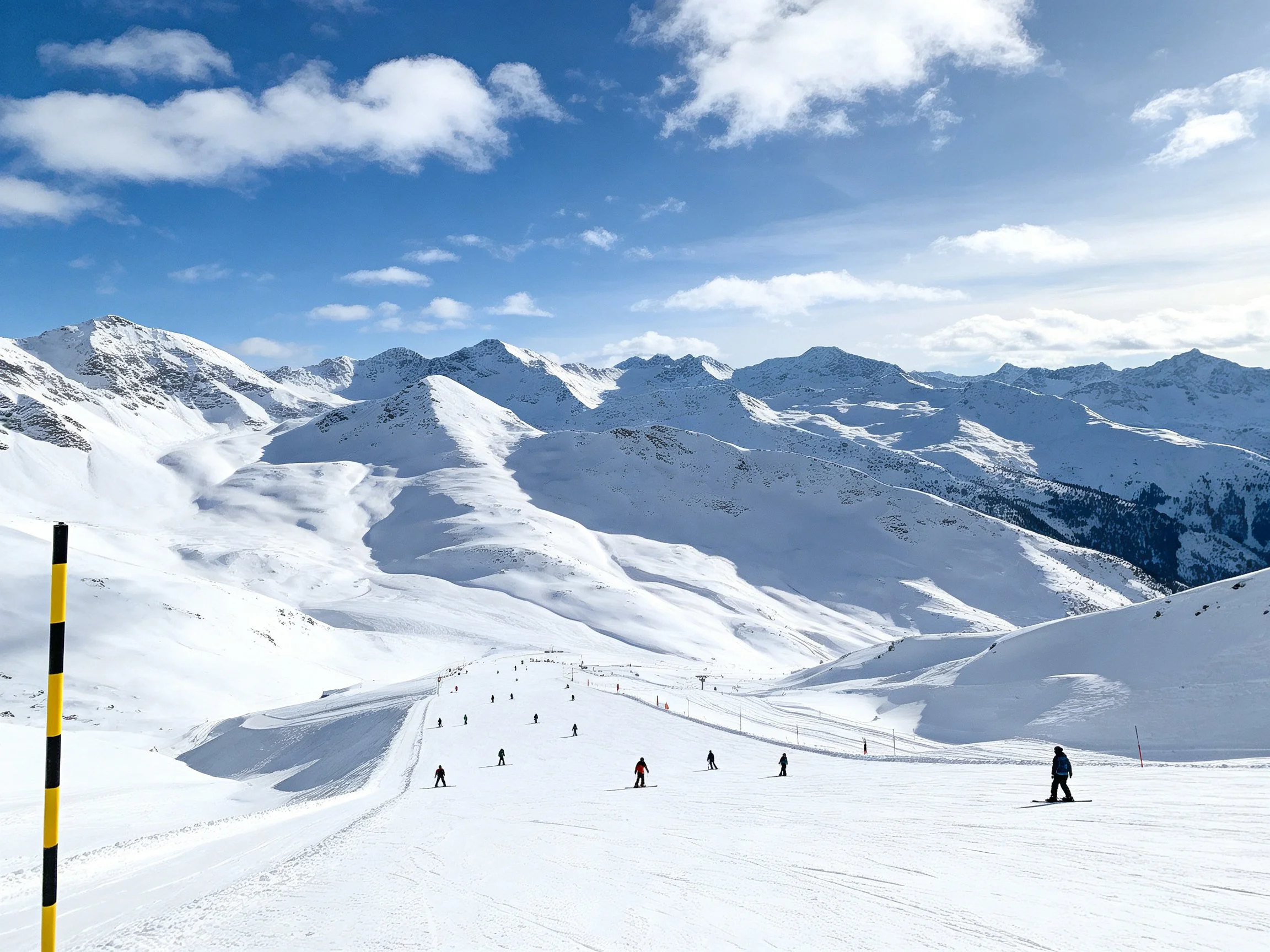 Snow-Covered Mountain Slopes with Skiers Under Bright Blue Sky