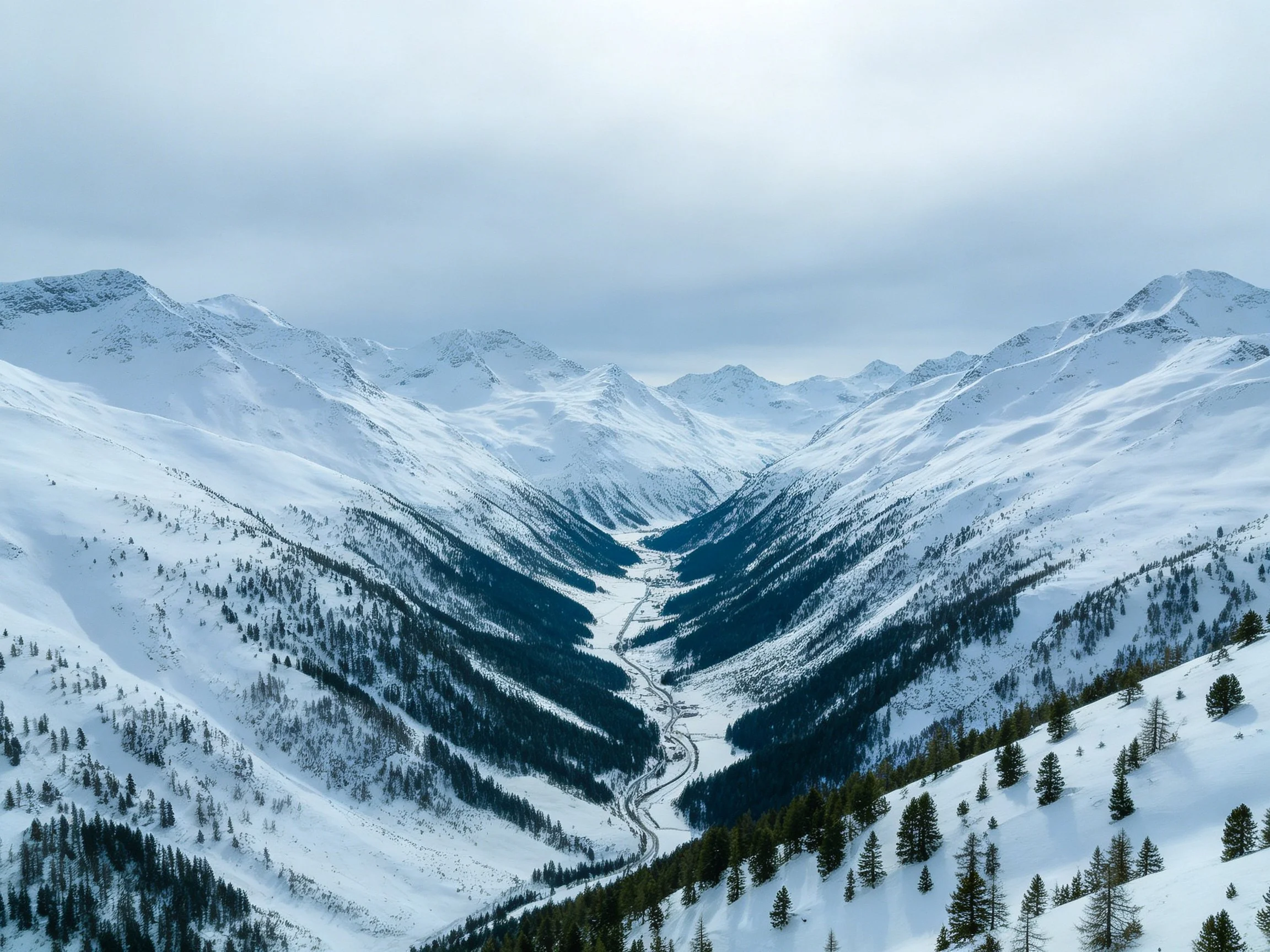 Snow-Covered Mountain Valley with Dense Pine Trees and Snow-Capped Peaks