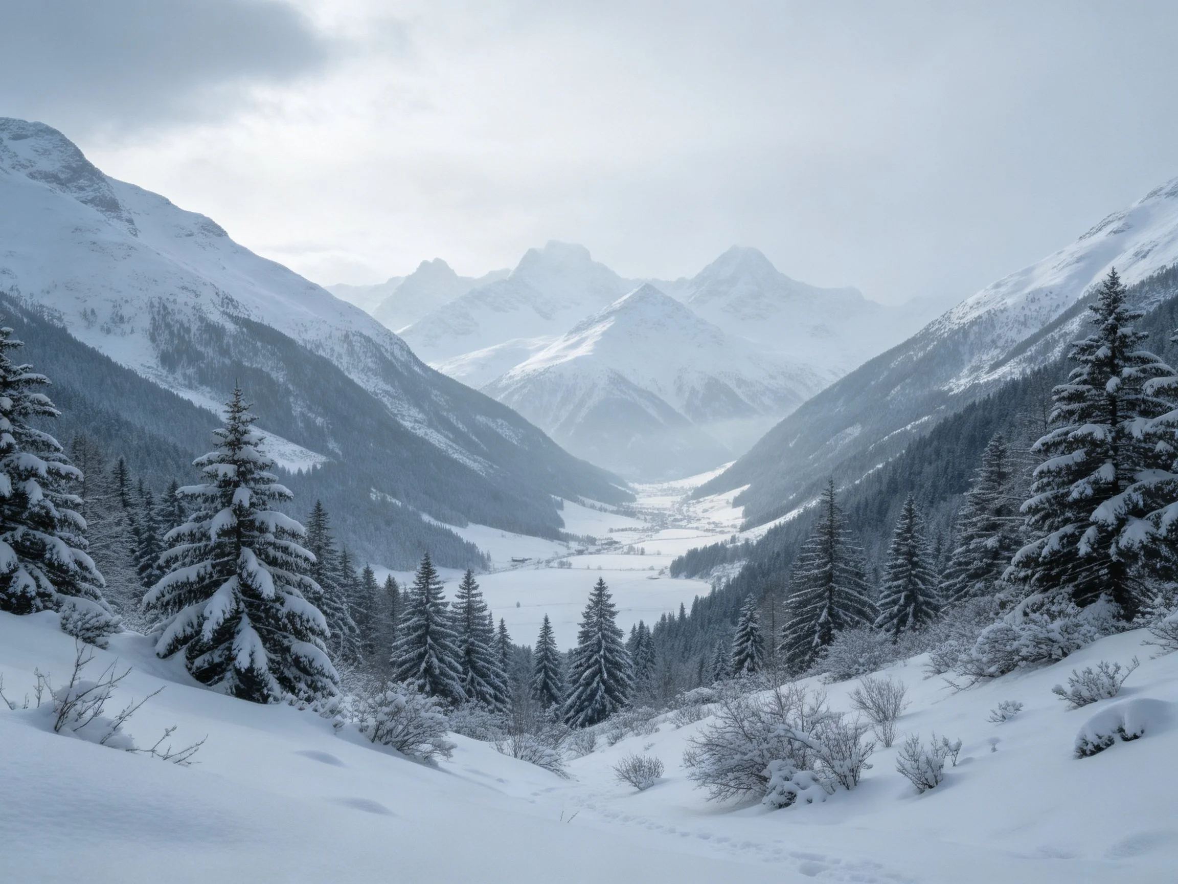 Snow-Covered Mountain Valley with Evergreen Trees Under Overcast Sky