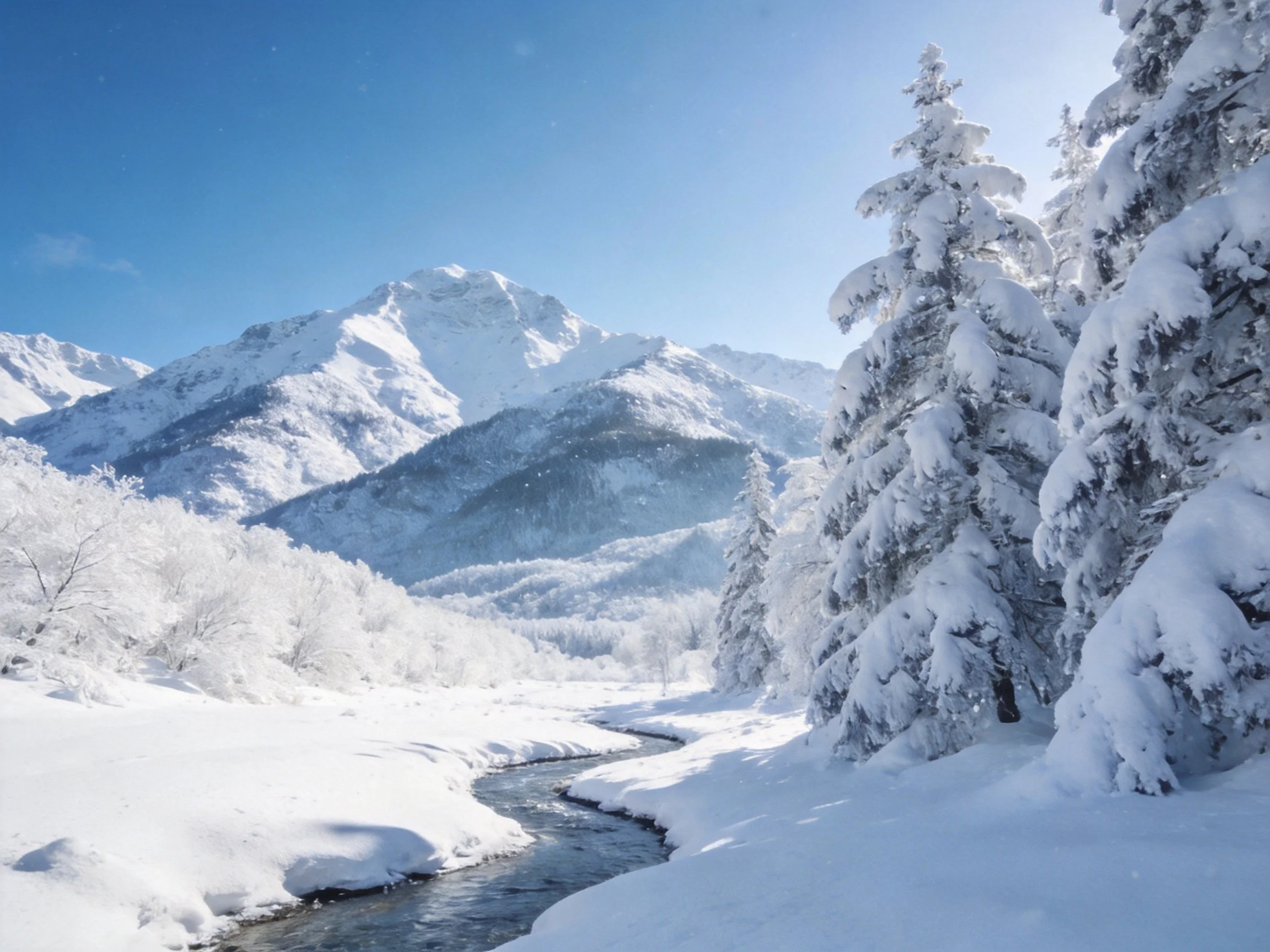Snow-Covered Mountain Valley with Frost-Laden Evergreens and Winding Stream