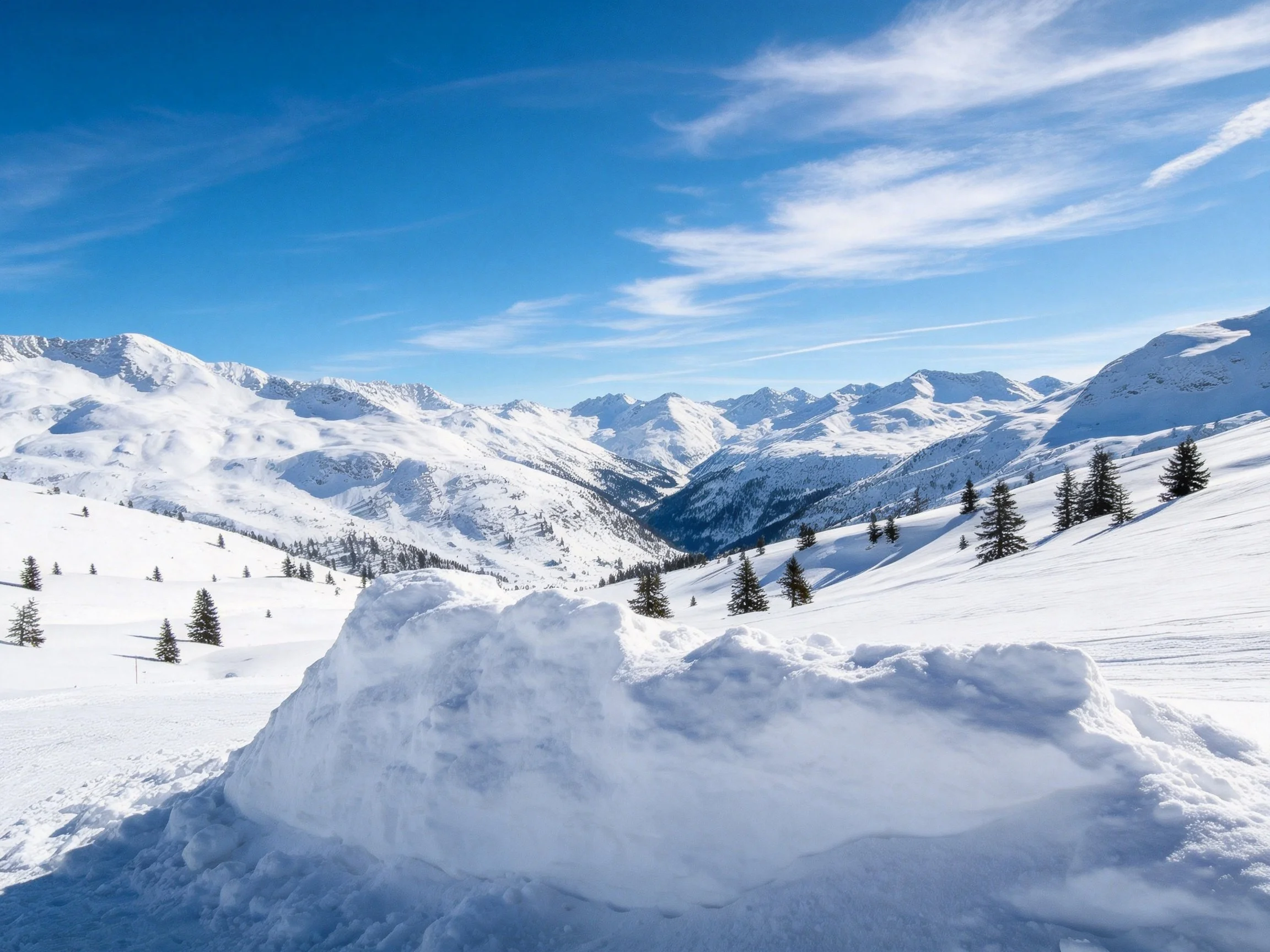 Snow-Covered Mountain Valley with Scattered Evergreen Trees
