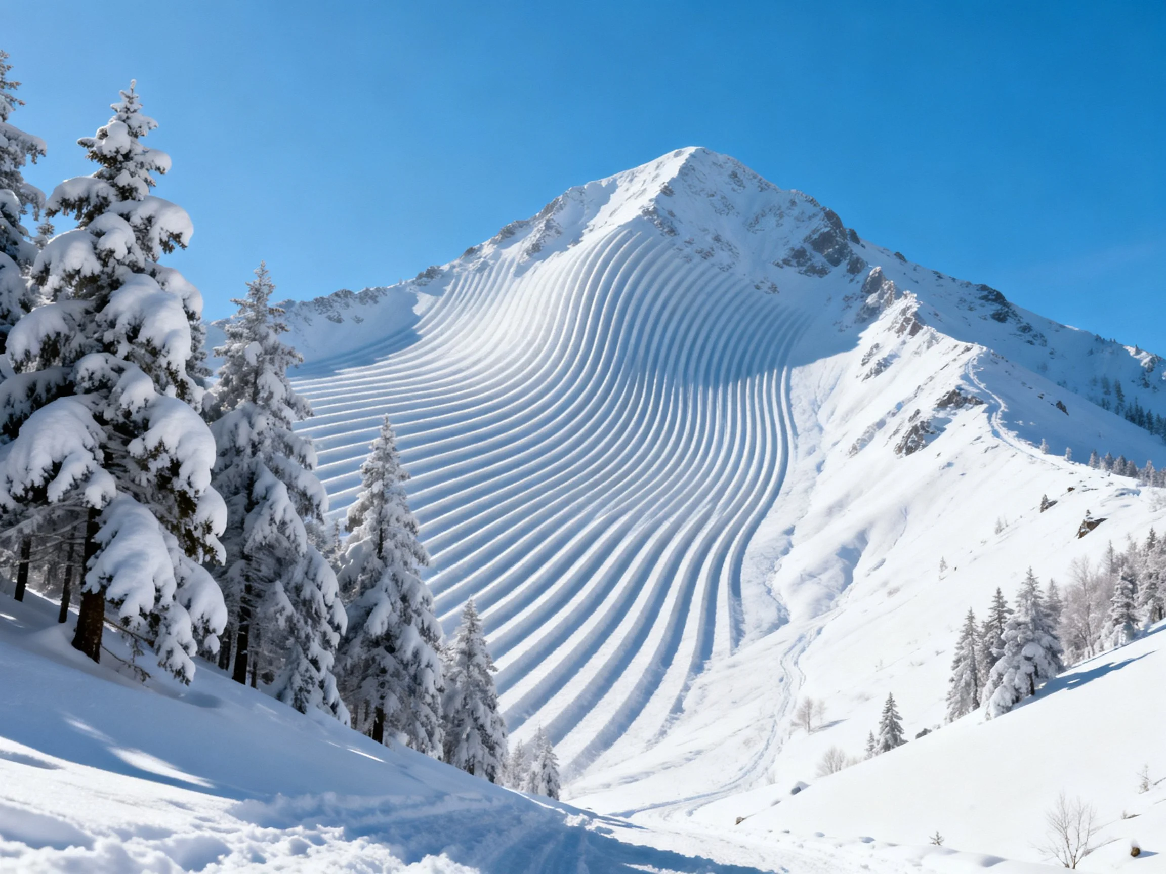 Snow-Covered Mountain with Curved Ski Tracks and Frosty Pine Trees