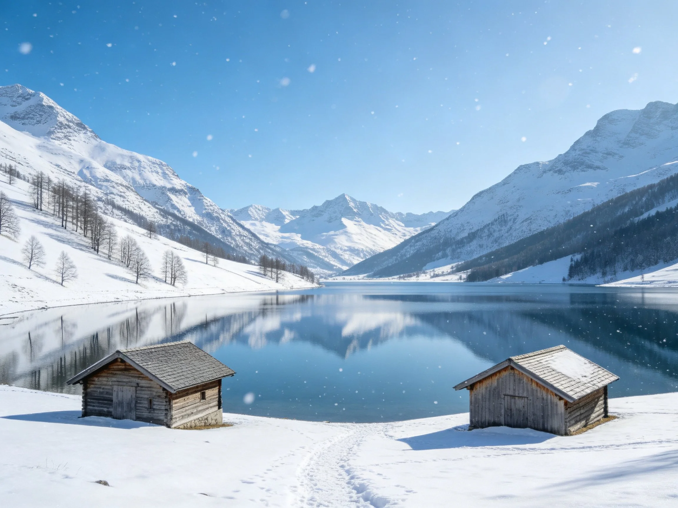 Snow-Covered Mountains, Lake, and Wooden Cabins Under Bright Blue Sky